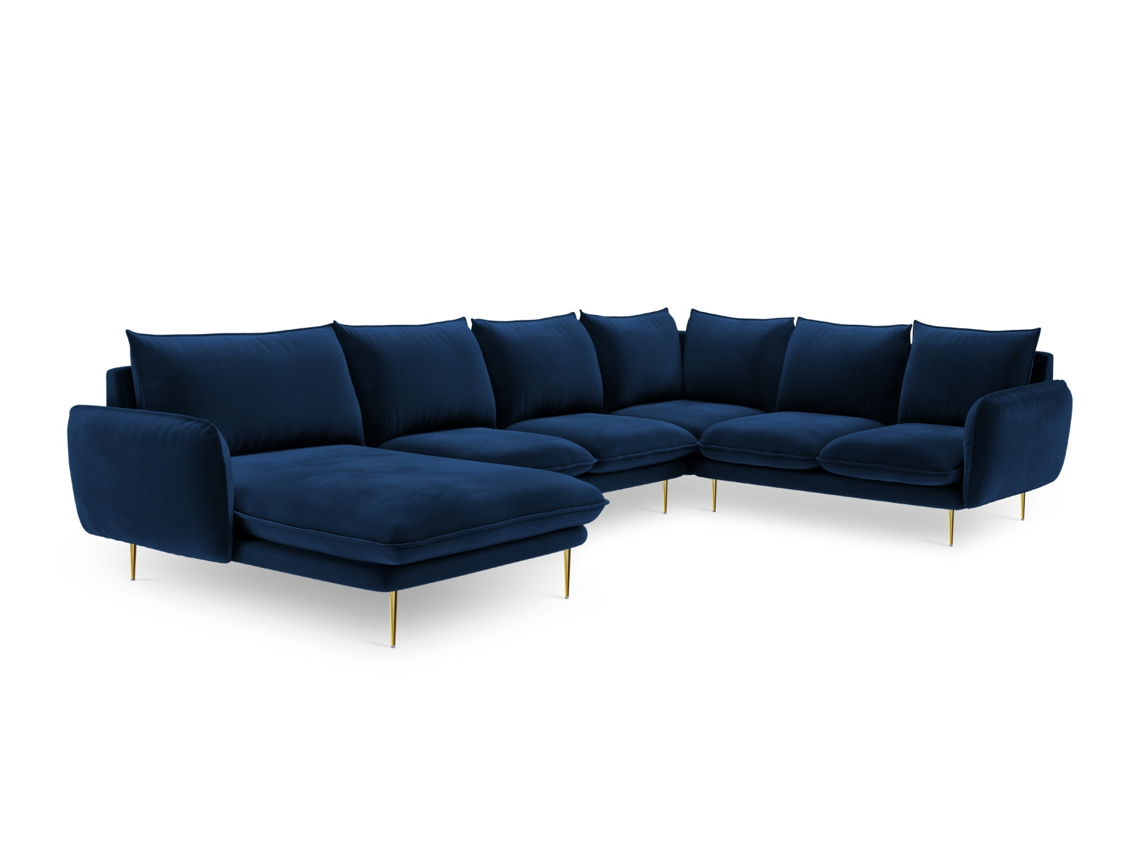 Stilvolles, 7-sitziges Ecksofa in Royal Blue, 235 cm, mit luxuriösem Velourbezug, perfekt für moderne Wohnlandschaften von Cosmopolitan Design.