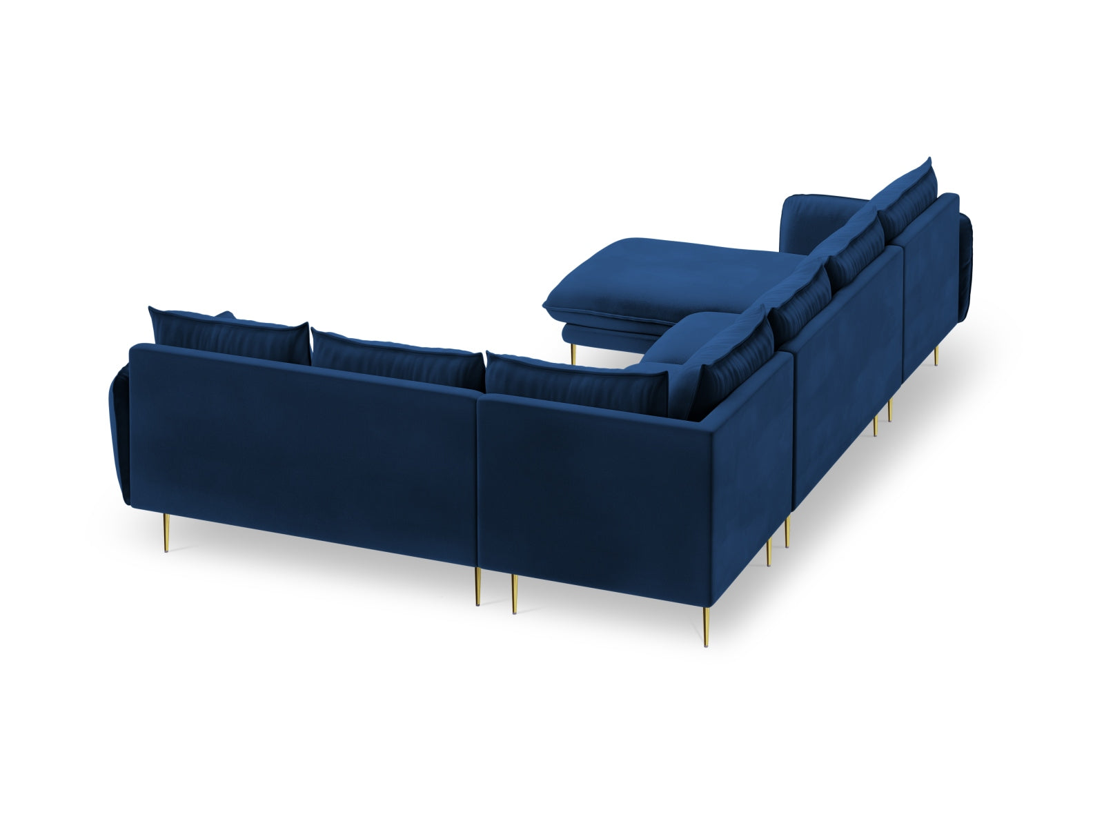 Elegantes, 7-sitziges Ecksofa in Royal Blue, 235 cm, mit weichem Velourbezug, ideal für stilvolle Wohnräume von Cosmopolitan Design.