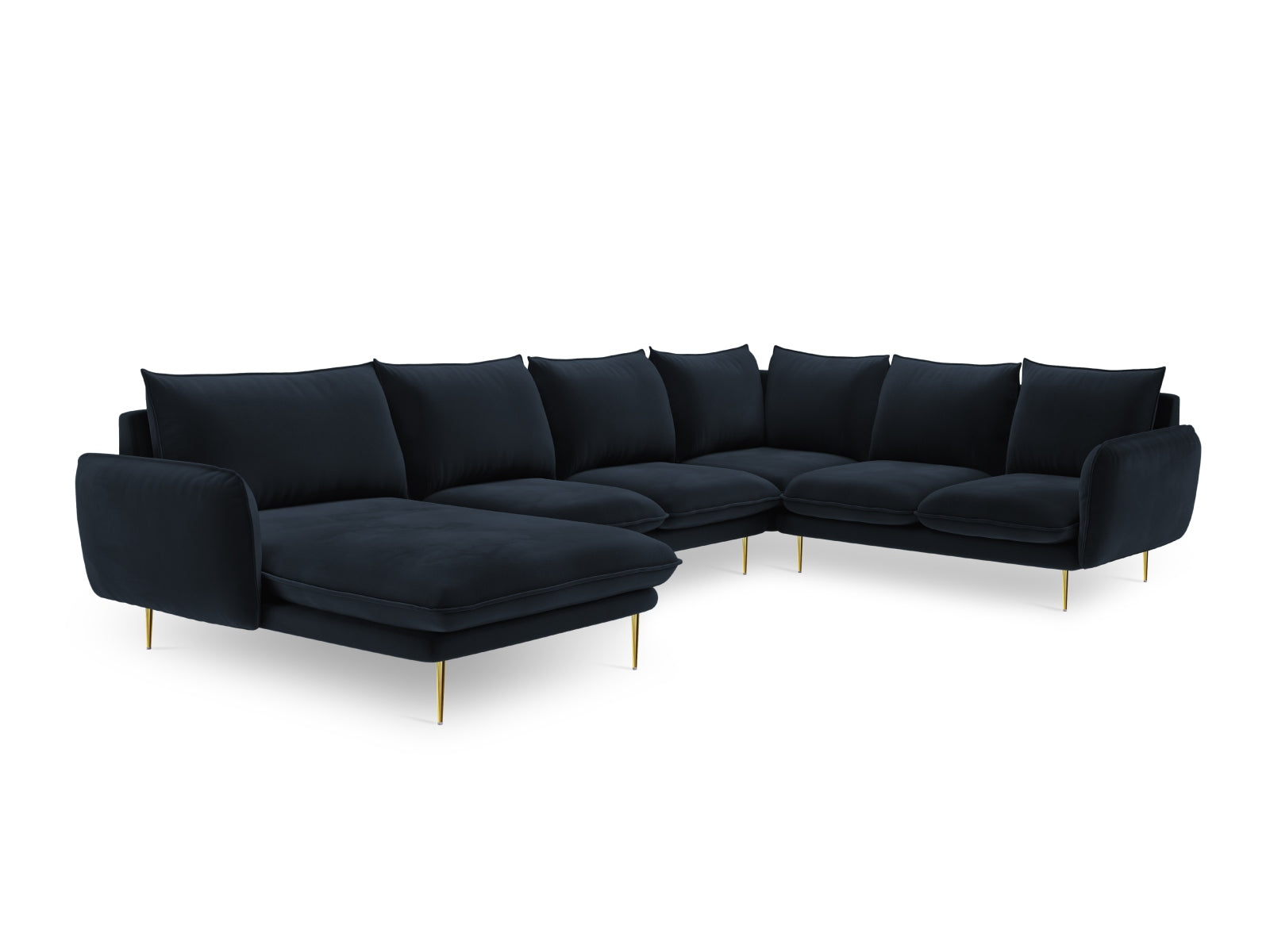Luxuriöses 7-sitziges Ecksofa in Dunkelblau mit samtiger Oberfläche und goldenen Details, perfekt für moderne Wohnkonzepte.