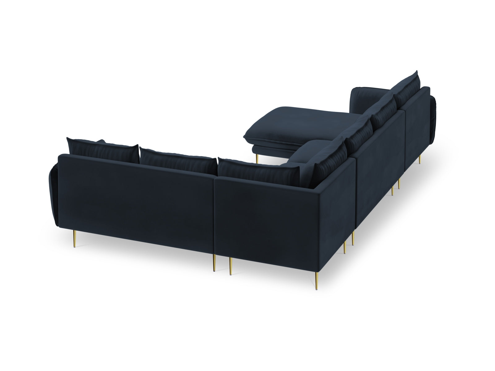 Elegantes 7-sitziges Ecksofa in tiefem Blau, mit weichem Veloursbezug und stilvollen goldenen Akzenten, ideal für stilvolle Wohnräume.