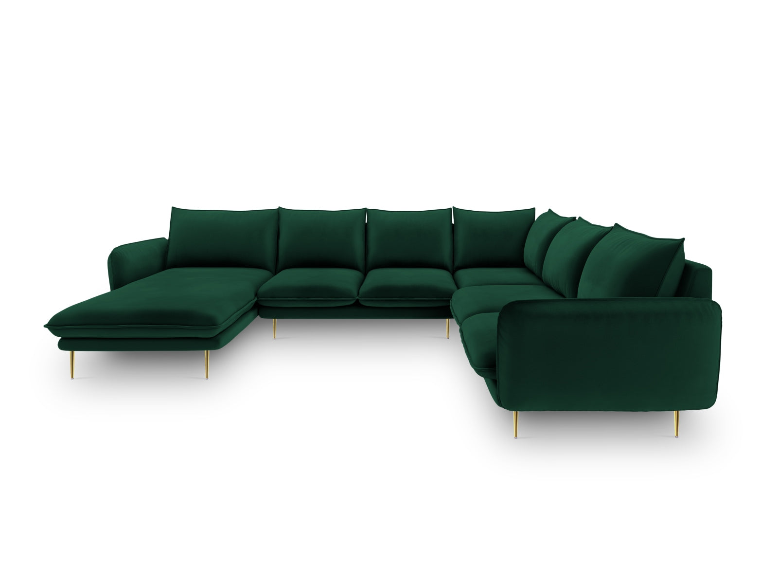Elegantes 7-sitziges Ecksofa in Bottle Green mit luxuriösem Velourbezug, ideal für stilvolle Wohnräume.