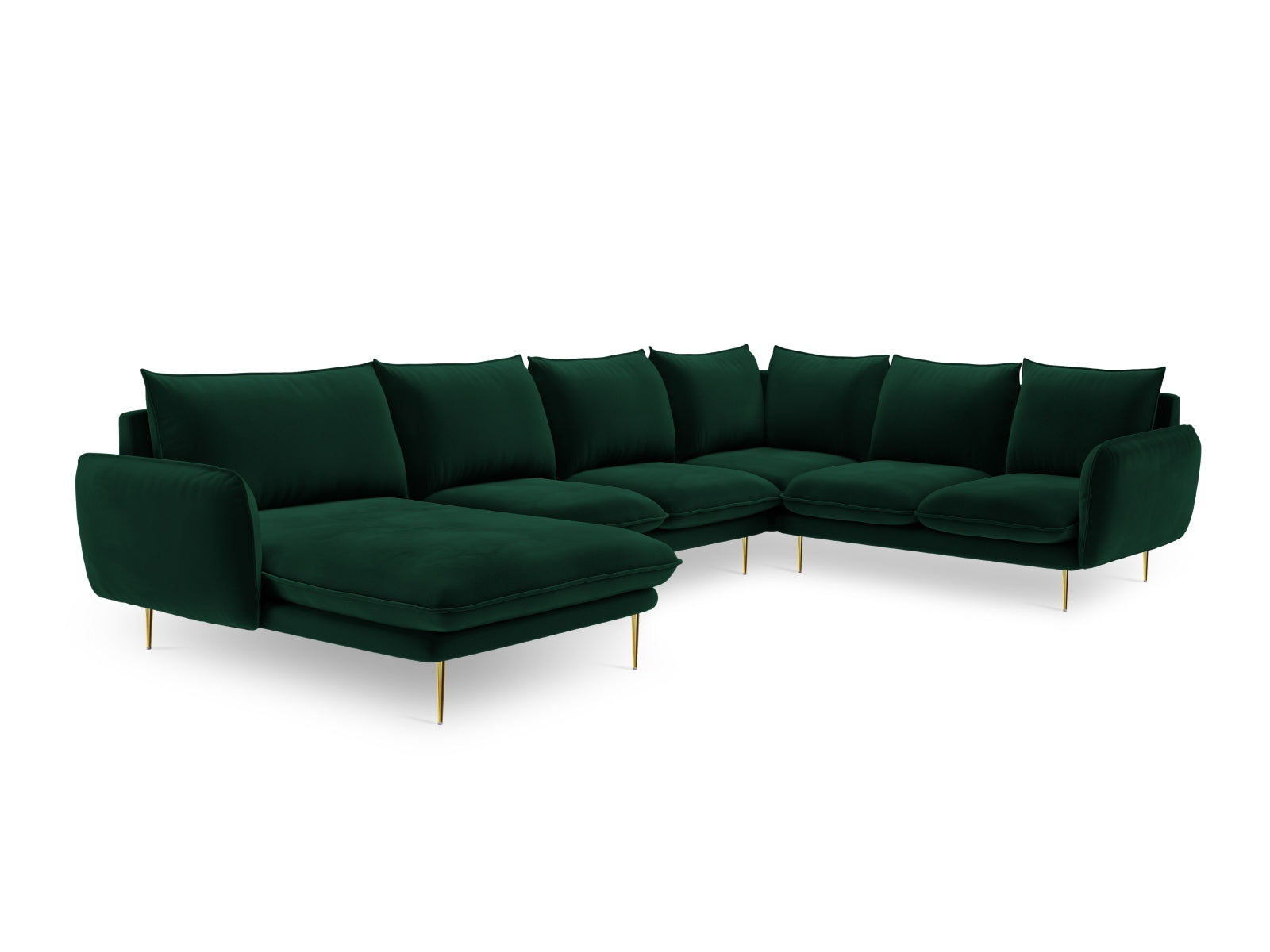 Modernes 7-sitziges Ecksofa in edlem Bottle Green, ausgestattet mit weichem Velour, perfekt für gemütliche und stilvolle Wohnzimmer.