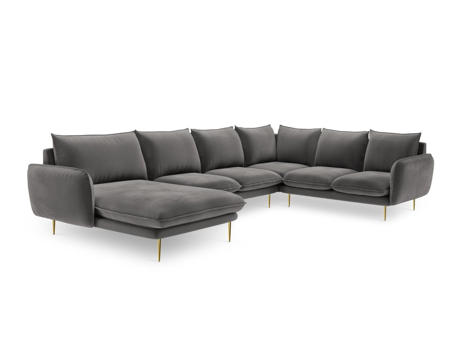 Modernes 7-Sitzer Ecksofa in Hellgrau mit Velourbezug und goldenen Details, perfekt für ein elegantes Wohnambiente.