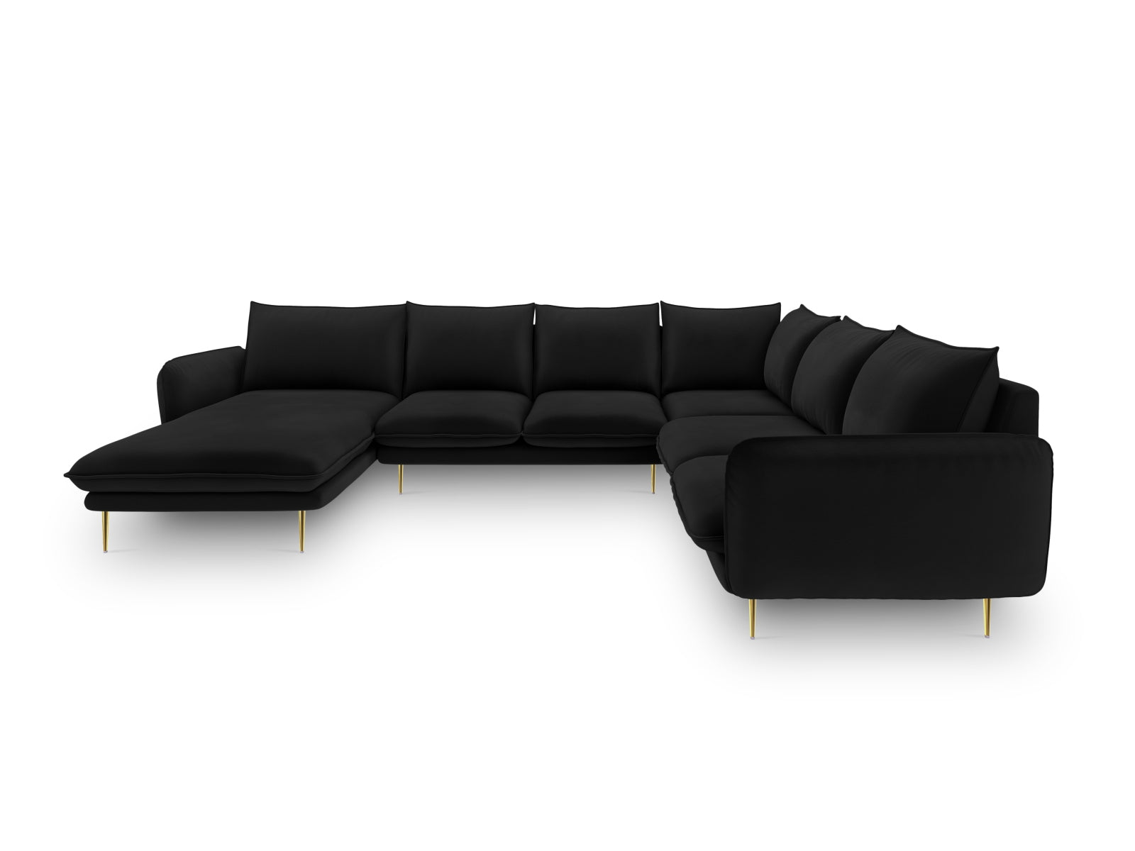 Elegantes Vienna Velour Panoramic Ecksofa rechts, 7 Sitzer, 235 cm, in stilvollem Black/Gold-Bluvel, ideal für moderne Wohnräume.