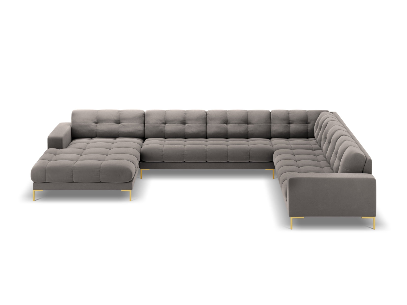 Elegantes 7-Sitzer Ecksofa rechts Bali in zeitgemäßem Grau-Bluvel, ideal für gemütliche Zusammenkünfte und stilvolle Einrichtung.