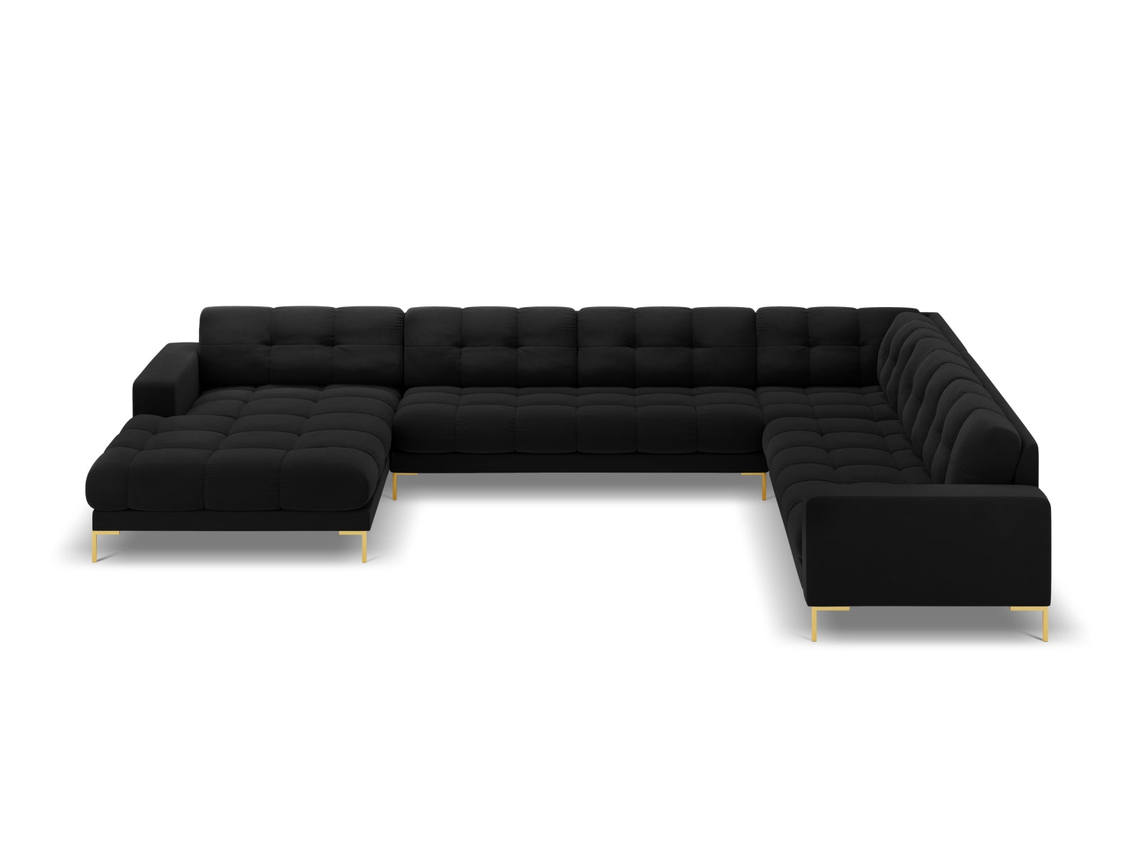 Elegantes 7-Sitzer Panoramic Ecksofa rechts Bali in stilvollem Black-Bluvel, ideal für moderne Wohnräume und gemütliche Abende.