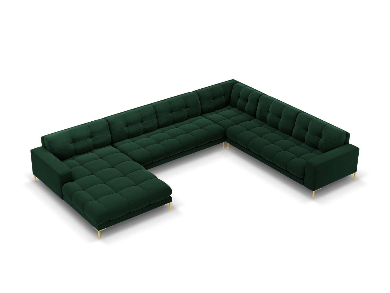 Geräumiges 7-Sitzer Ecksofa Bali in edlem Bottle Green-Bluvel, perfekt für stilvolle und einladende Wohnbereiche.