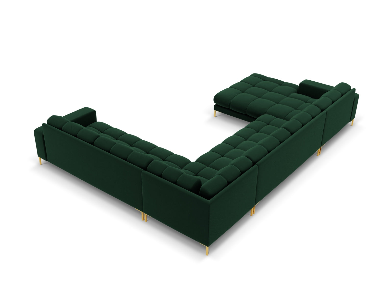 Elegantes 7-Sitzer Ecksofa Bali in luxuriösem Bottle Green-Bluvel, ideal für moderne und komfortable Wohnräume.
