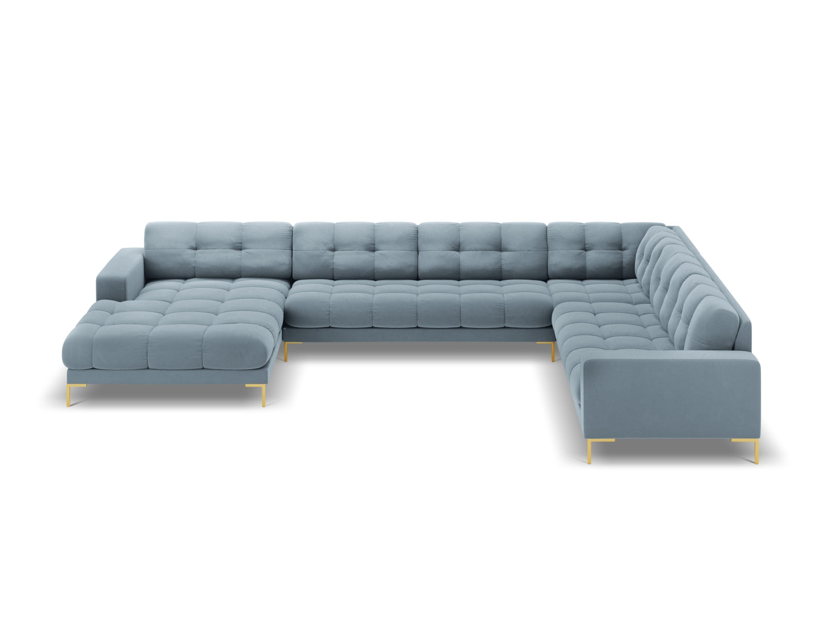 Elegantes 7-Sitzer Ecksofa Bali in sanftem Hellblau, ideal für gemütliche Zusammenkünfte und geschmackvolle Wohnräume.