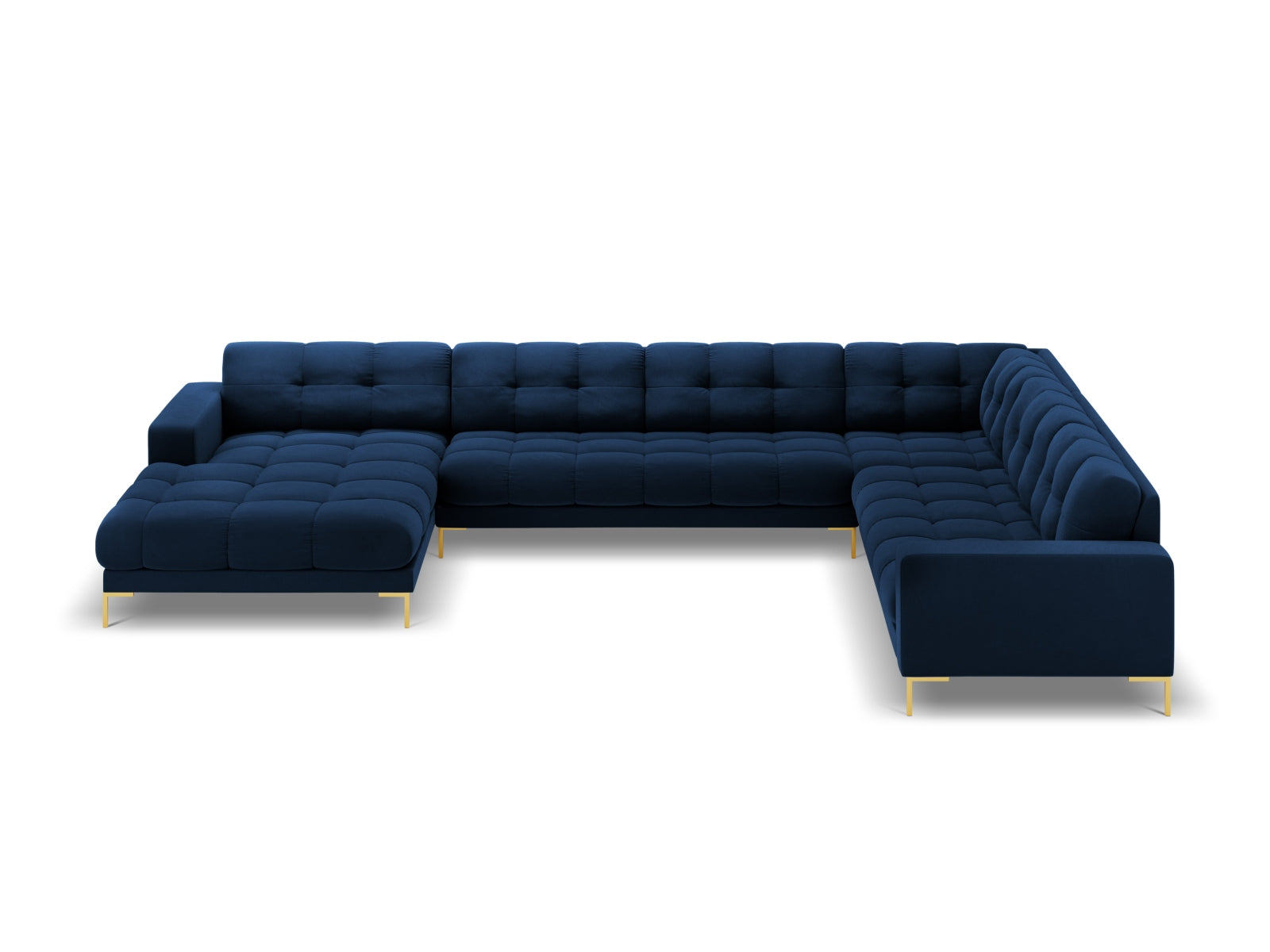 Elegantes 7-Sitzer Ecksofa rechts Bali in Royal Blue-Bluvel, ideal für entspannte Abende und modernes Wohndesign.