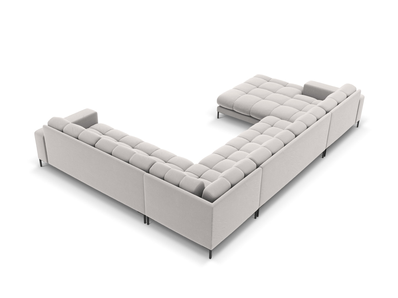 Elegantes 7-Sitzer Ecksofa rechts Bali in stilvollem Silver-Bluvel, ideal für gesellige Abende und modernes Interieur.
