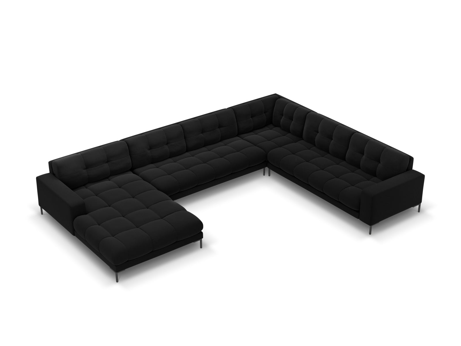Geräumiges 7-Sitzer Ecksofa rechts Bali in edlem Black-Bluvel, perfekt für entspannte Stunden und modernes Wohndesign.