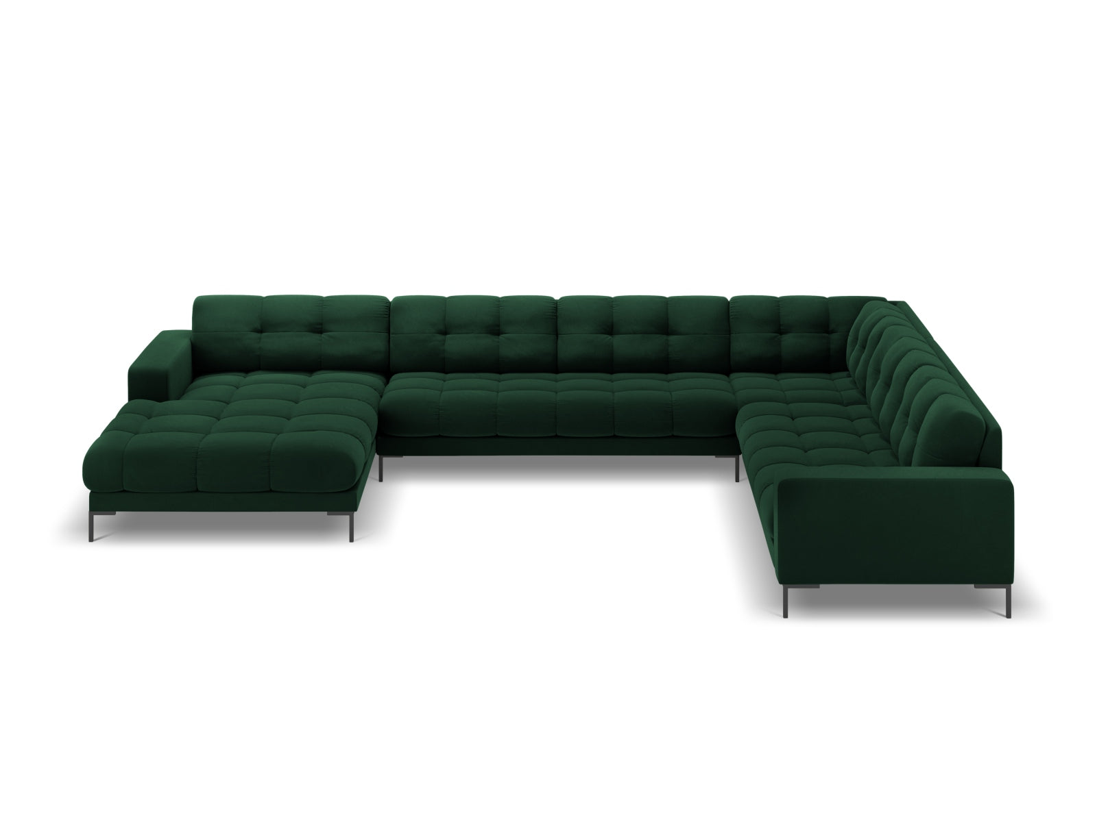 Elegantes 7-Sitzer Ecksofa Bali in Bottle Green-Bluvel, ideal für stilvolle Wohnräume, präsentiert von Cosmopolitan Design.