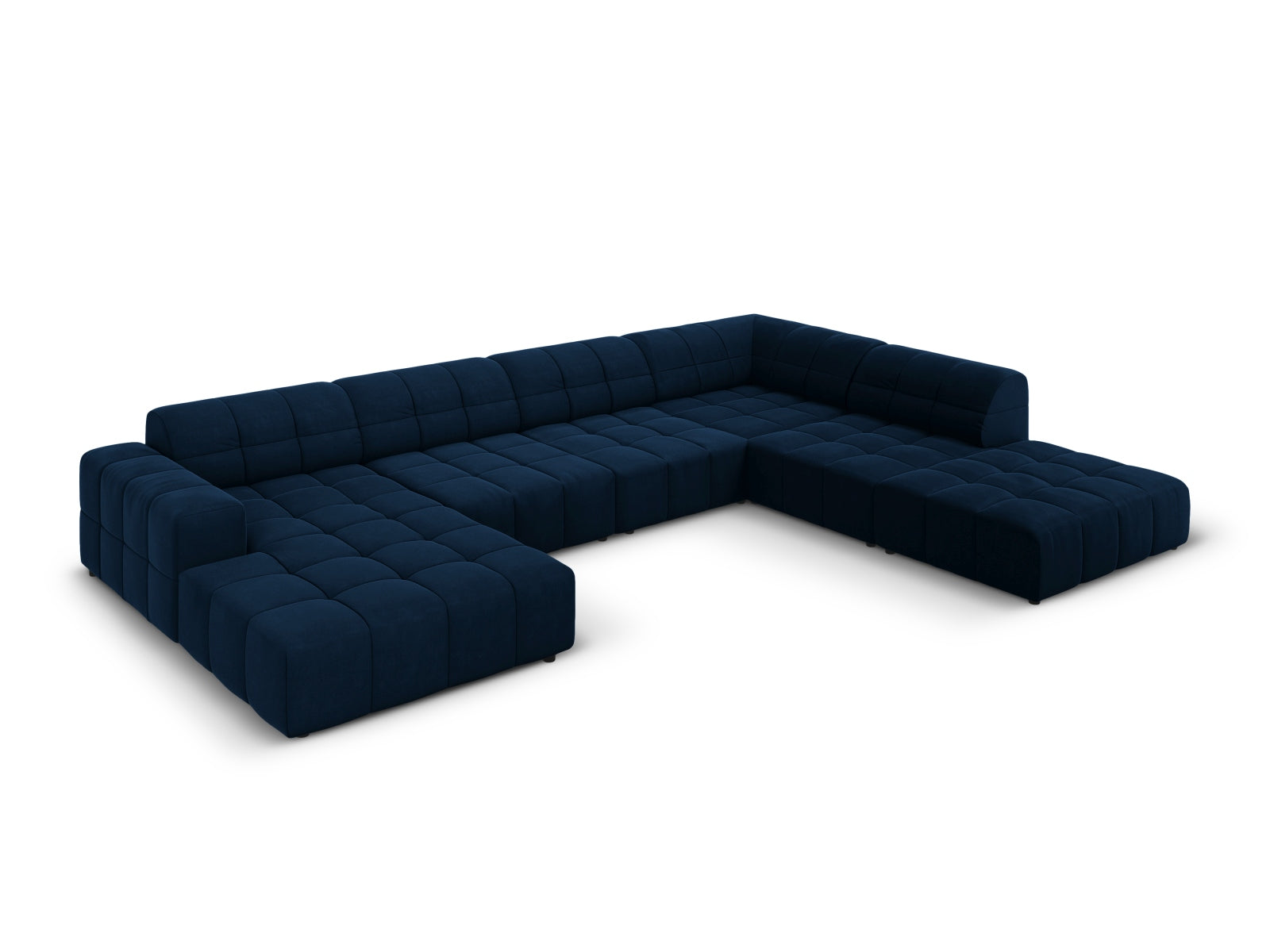 Elegantes Chicago Velour Panoramic Ecksofa in Royal Blue, 7 Sitzer, 262 cm, ideal für stilvolle Wohnräume, präsentiert von Cosmopolitan Design.