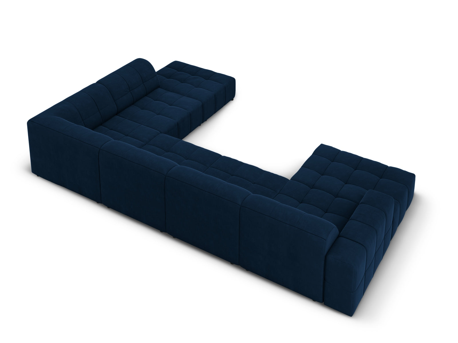 Luxuriöses Chicago Velour Panoramic Ecksofa in Royal Blue, 7 Sitzer, 262 cm, perfekt für moderne Wohnkonzepte von Cosmopolitan Design.