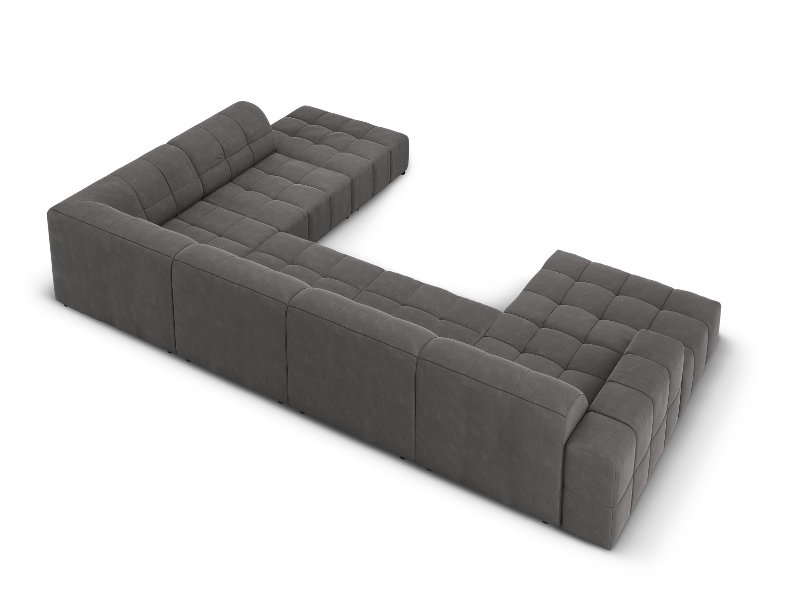 Modernes Ecksofa Chicago in Velours, 7-Sitzer, 262 cm, in Grau-Blau, perfekt für gemütliche und stilvolle Wohnambiente.