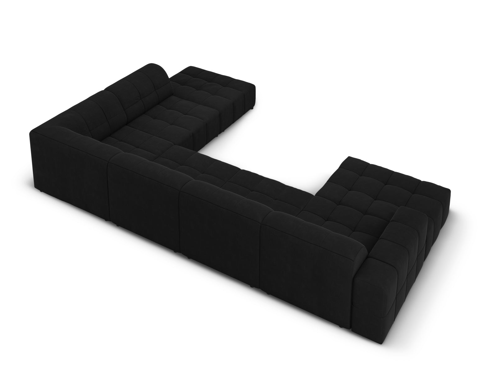 Modernes Chicago Velour Panoramic Ecksofa in Schwarz-Bluvel, 7-Sitzer, 262 cm, perfekt für gemütliche und elegante Wohnambiente.