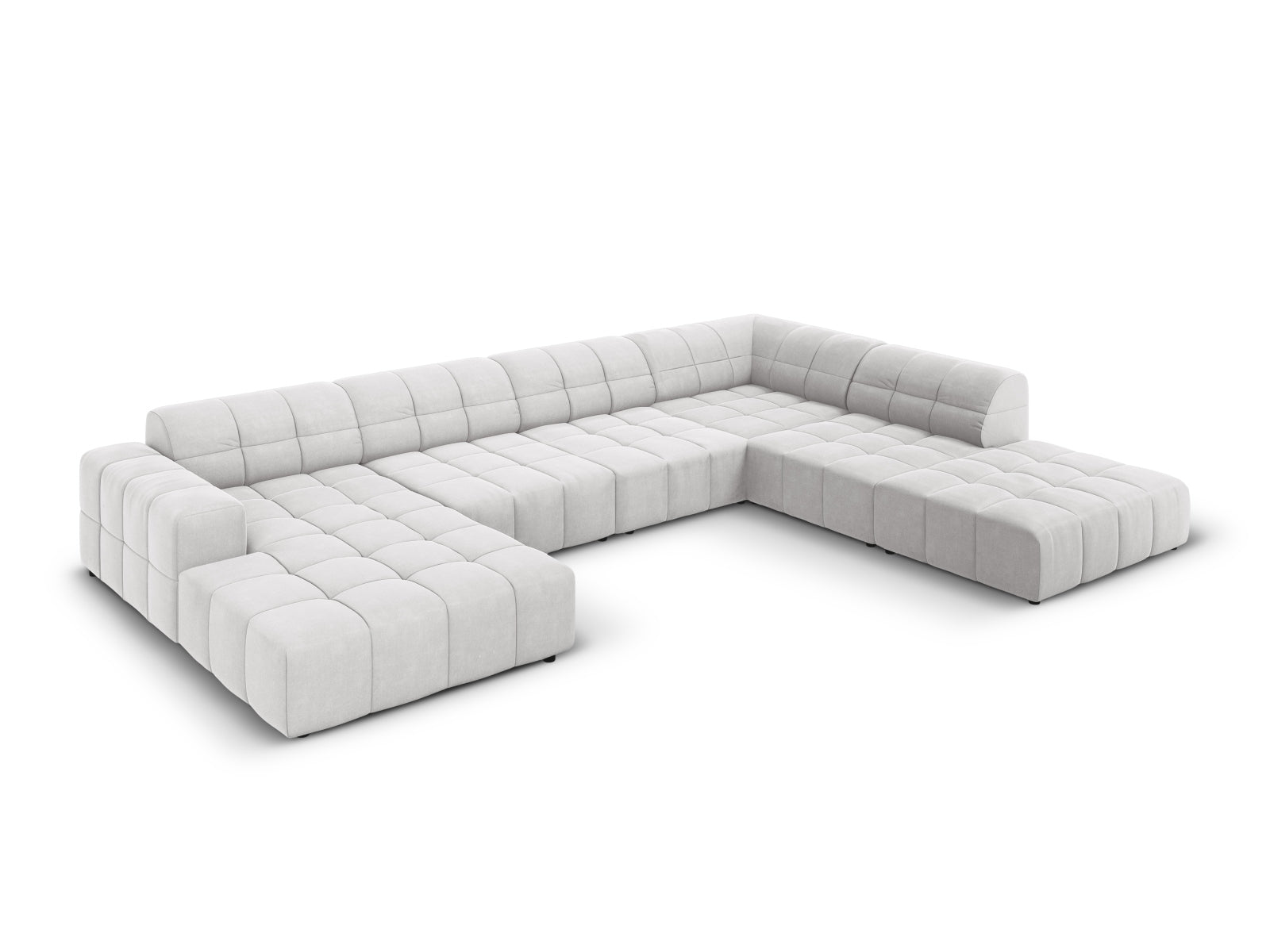 Elegantes Chicago Velour Panoramic Ecksofa in Silber-Blau, 7 Sitzer, 262 cm, ideal für stilvolle Wohnräume, präsentiert von Cosmopolitan Design.