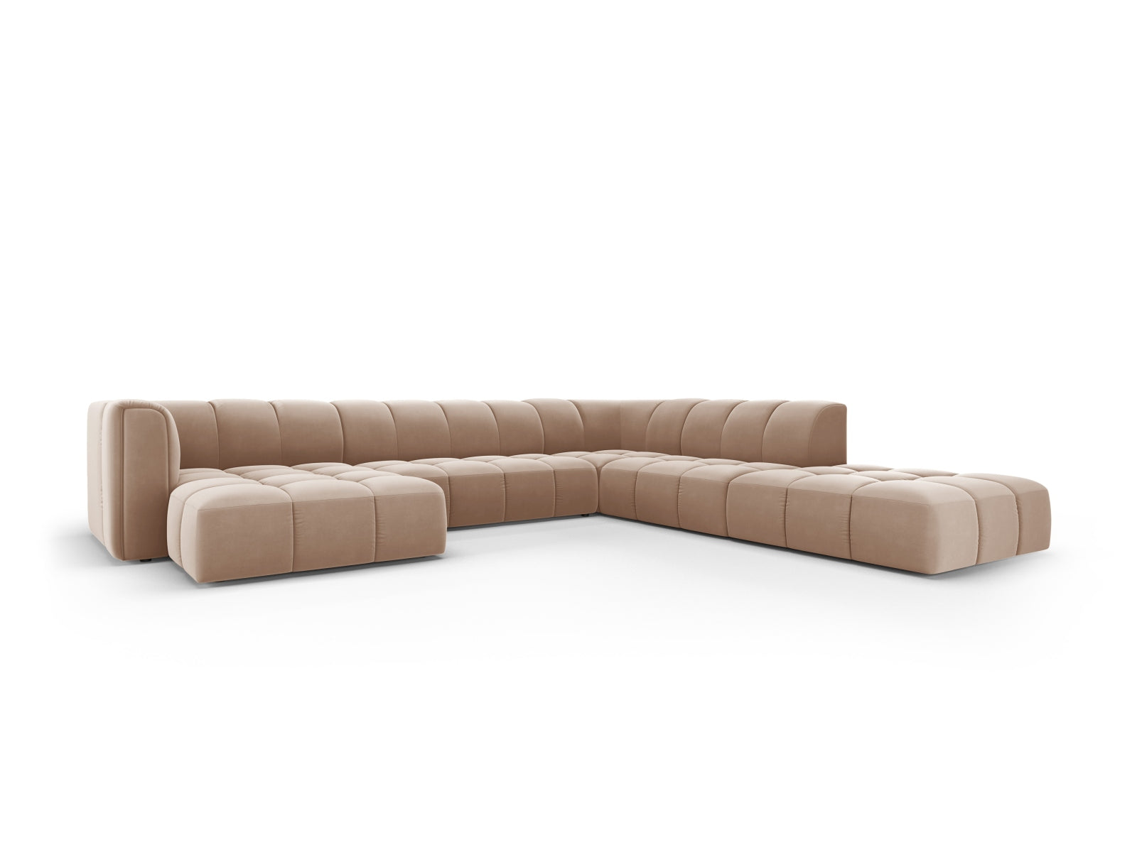 Beige-Bluvel 7-Sitzer Ecksofa Panoramic Moritz von Cosmopolitan Design, stilvolles und modernes Möbelstück für Ihr Wohnzimmer.