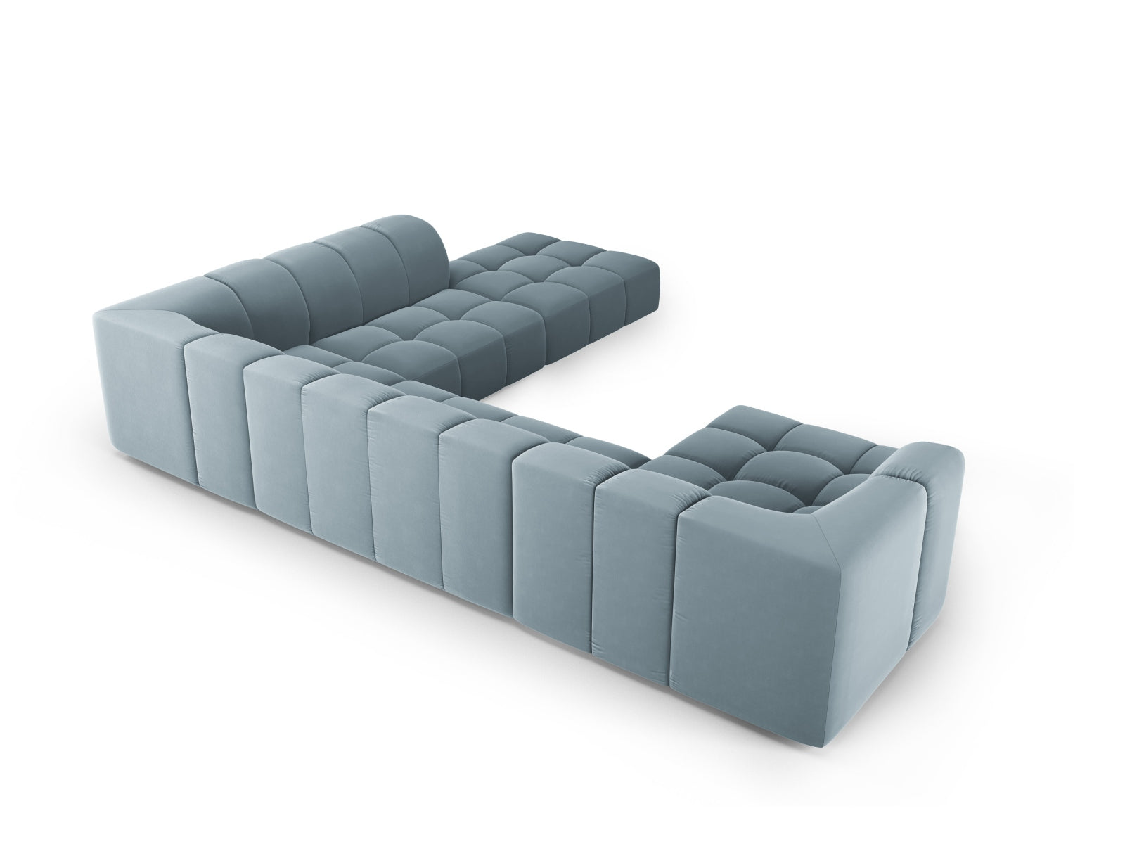 Modulares 7-Sitzer Ecksofa Moritz in zartem Hellblau, perfekt für großzügige Wohnlandschaften, kombiniert Komfort und modernes Design.