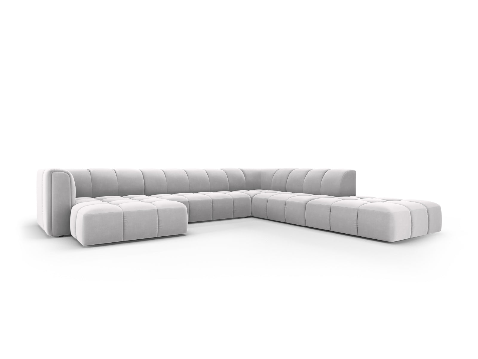 Elegantes 7-Sitzer Ecksofa Moritz in Silver-Bluvel, ideal für moderne Wohnräume, bietet Komfort und Stil für gesellige Abende.
