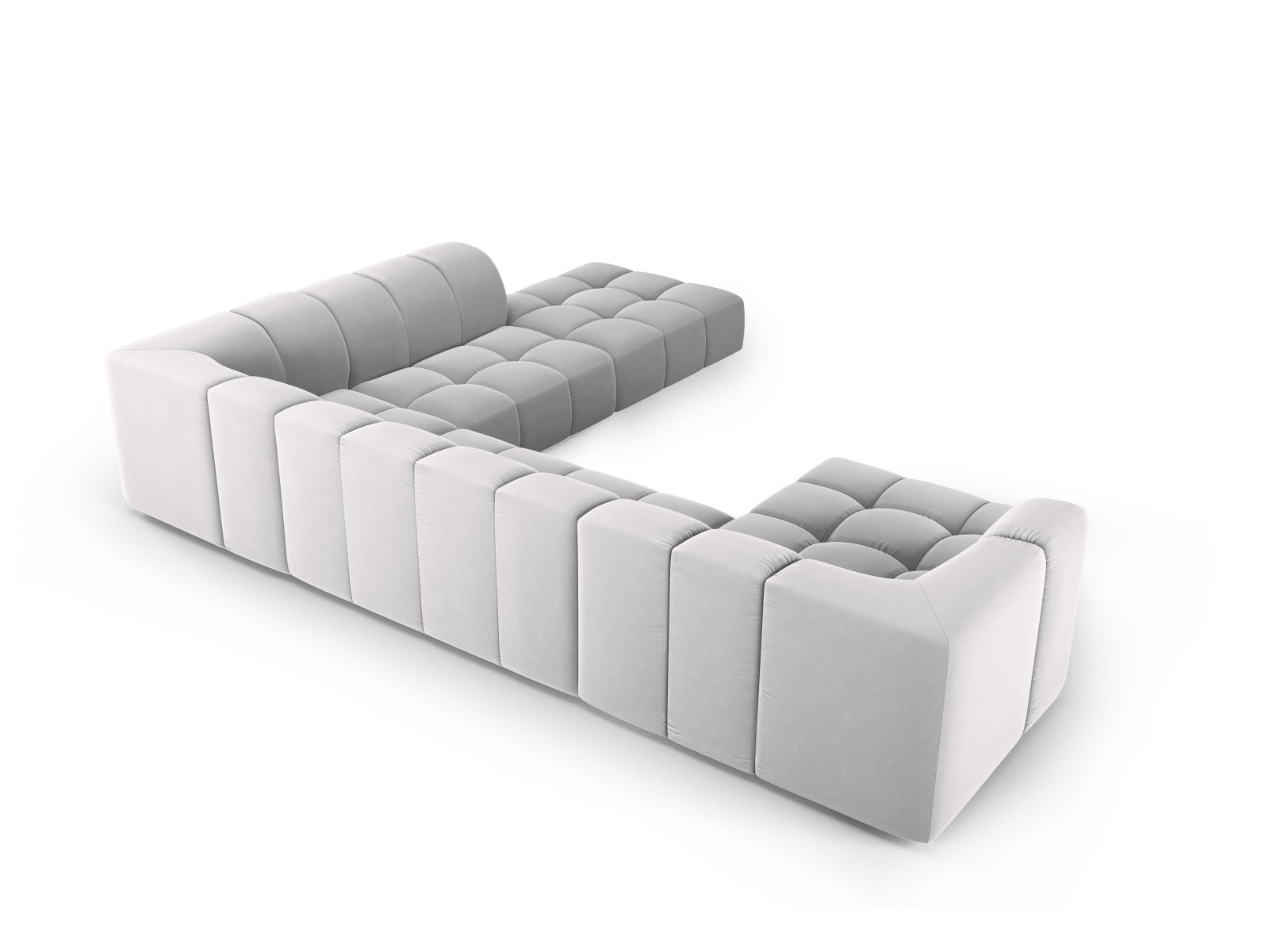 Modulares 7-Sitzer Ecksofa Moritz in stilvollem Silver-Bluvel, perfekt für entspannte Stunden und gesellige Zusammenkünfte.