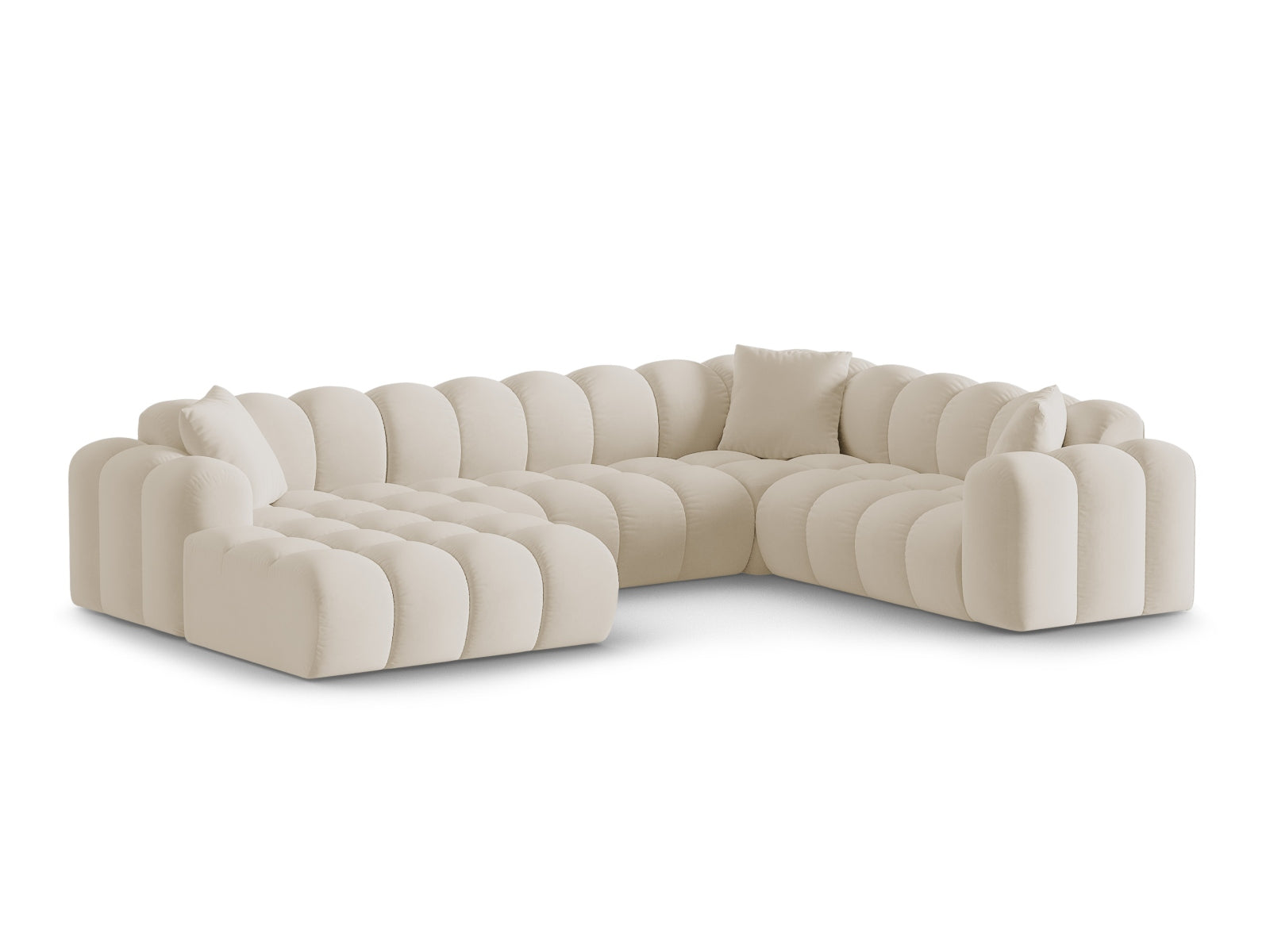 Elegantes 4-Sitzer Panoramic Ecksofa rechts Treno in stilvollem Dark Beige-Bluvel, ideal für moderne Wohnräume.