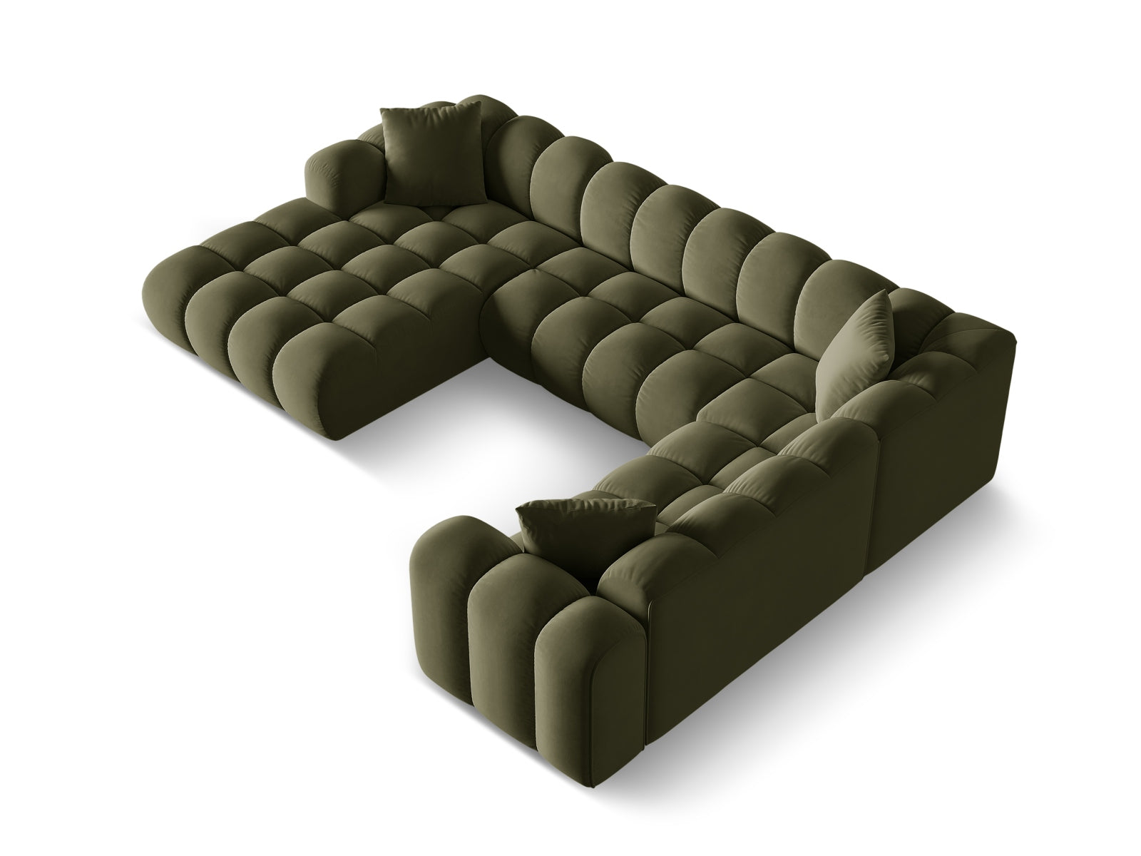 Elegantes 4-Sitzer Panoramic Ecksofa rechts Treno in modernem Green-Bluvel, ideal für einladende und stilvolle Wohnräume.