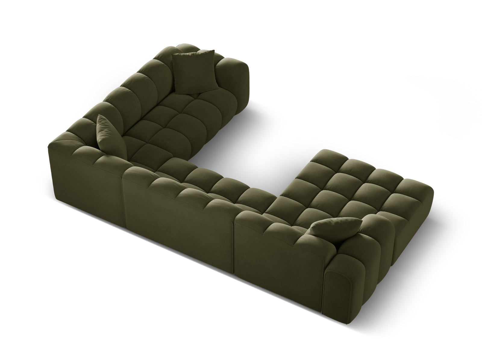 Modernes 4-Sitzer Ecksofa rechts Treno in trendigem Green-Bluvel, perfekt für gemütliche und stilvolle Wohnbereiche.