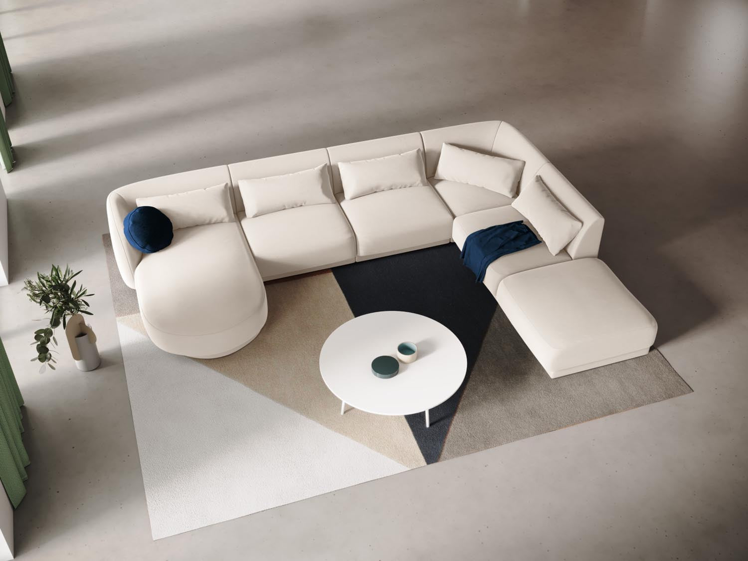 Elegantes Tulum Velour Panoramic Ecksofa in Light Beige, 6-Sitzer, ideal für stilvolle Wohnräume, präsentiert in einem modernen Ambiente.
