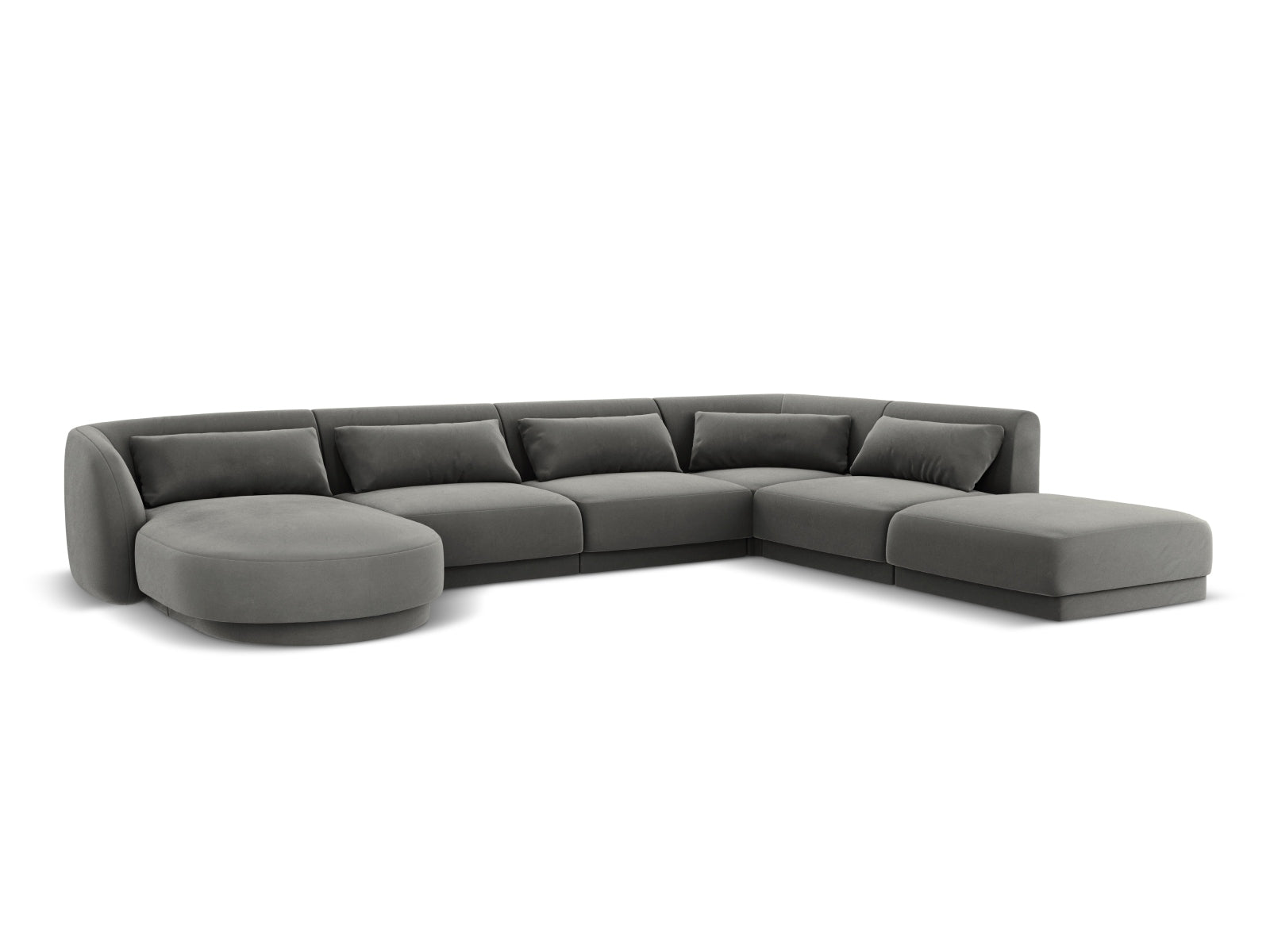 Modernes Tulum Velour Panoramic Ecksofa in Hellgrau, 6-Sitzer, perfekt für großzügige Wohnlandschaften und stilvolle Einrichtungsideen.