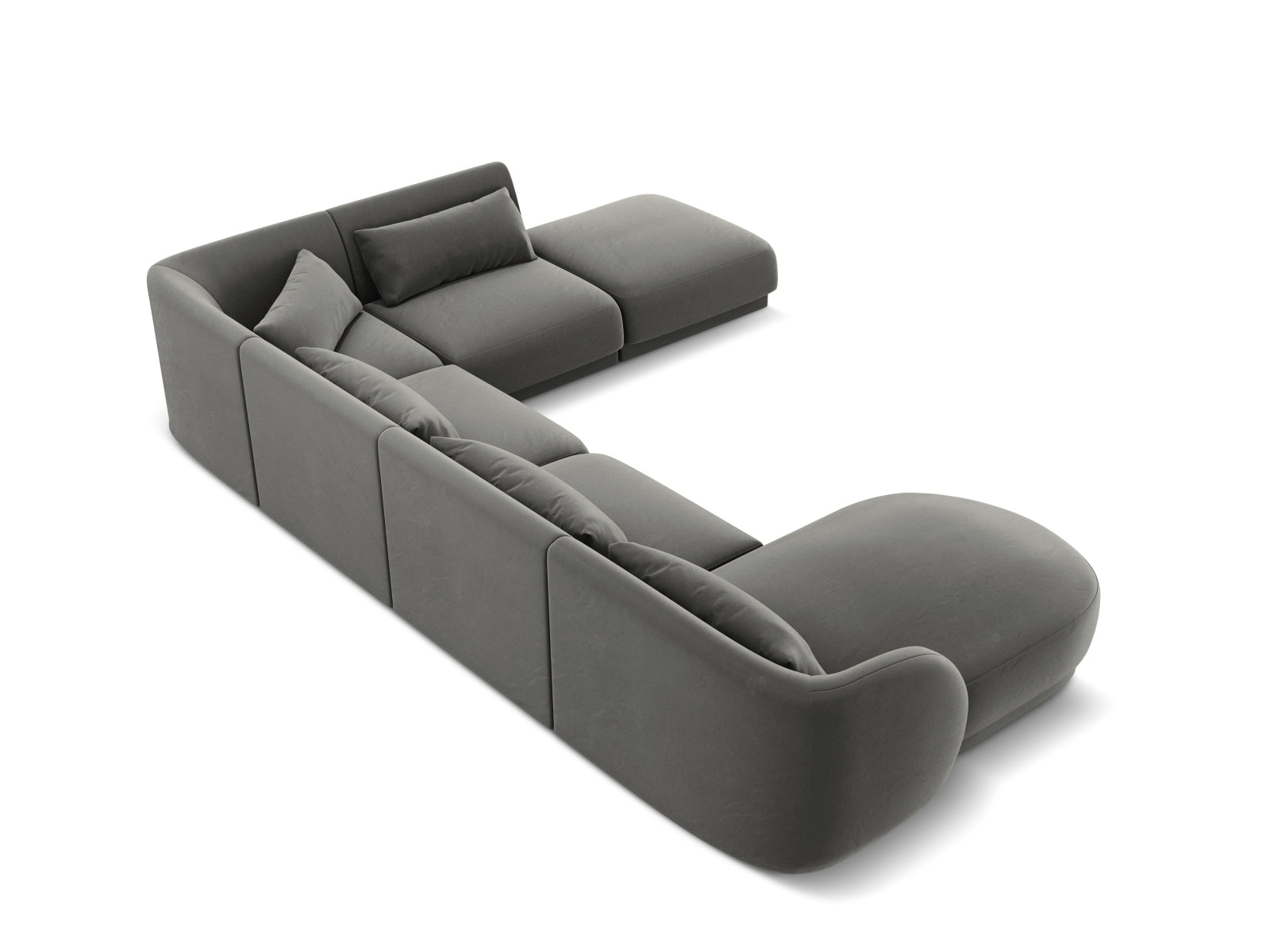 Elegantes Tulum Velour Panoramic Ecksofa in Hellgrau, 6-Sitzer, ideal für komfortable und stilvolle Wohnräume.