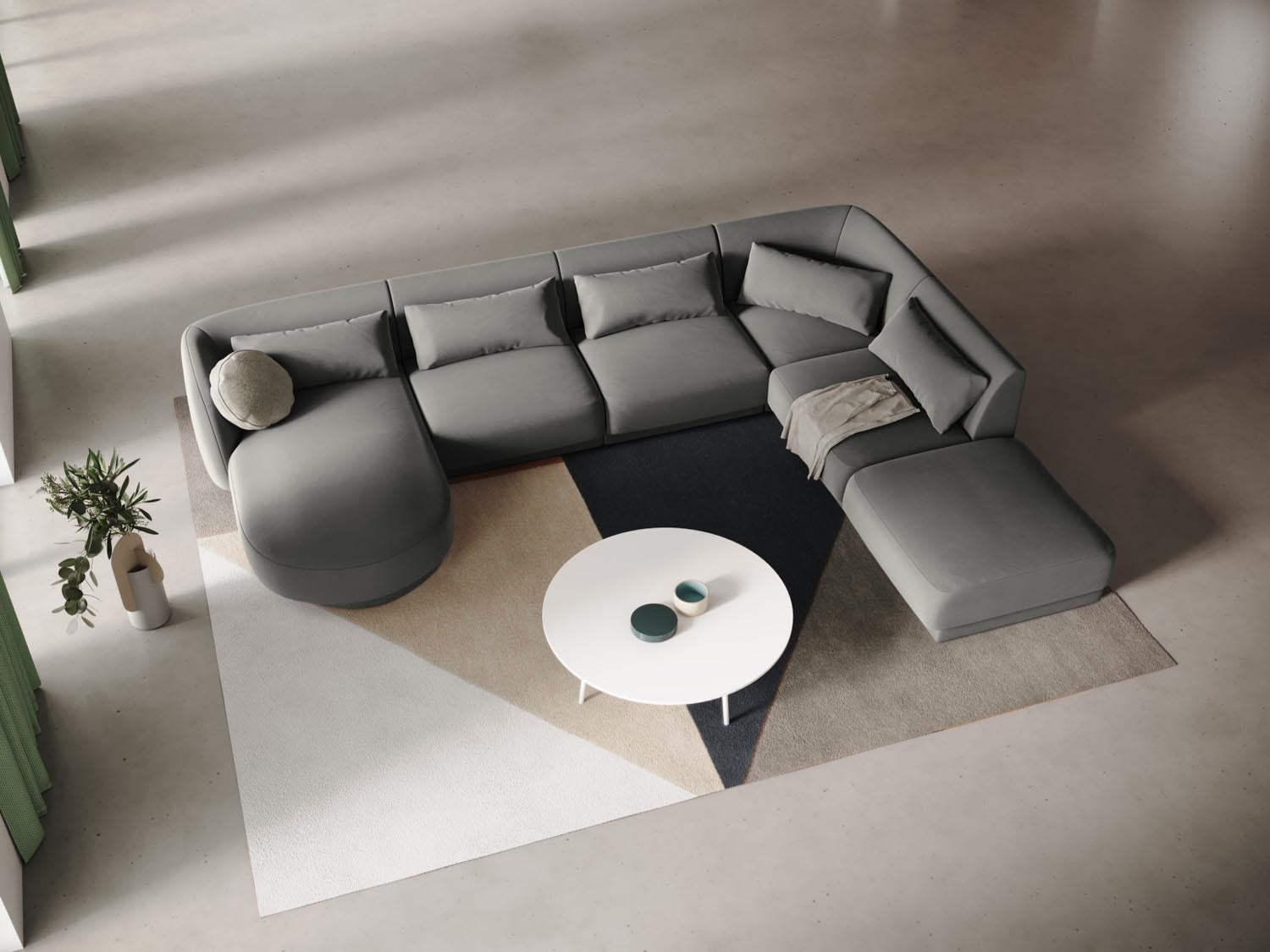 Elegantes Tulum Velour Panoramic Ecksofa in Hellgrau, 6-Sitzer, ideal für stilvolle Wohnräume, präsentiert in einem modernen Ambiente.