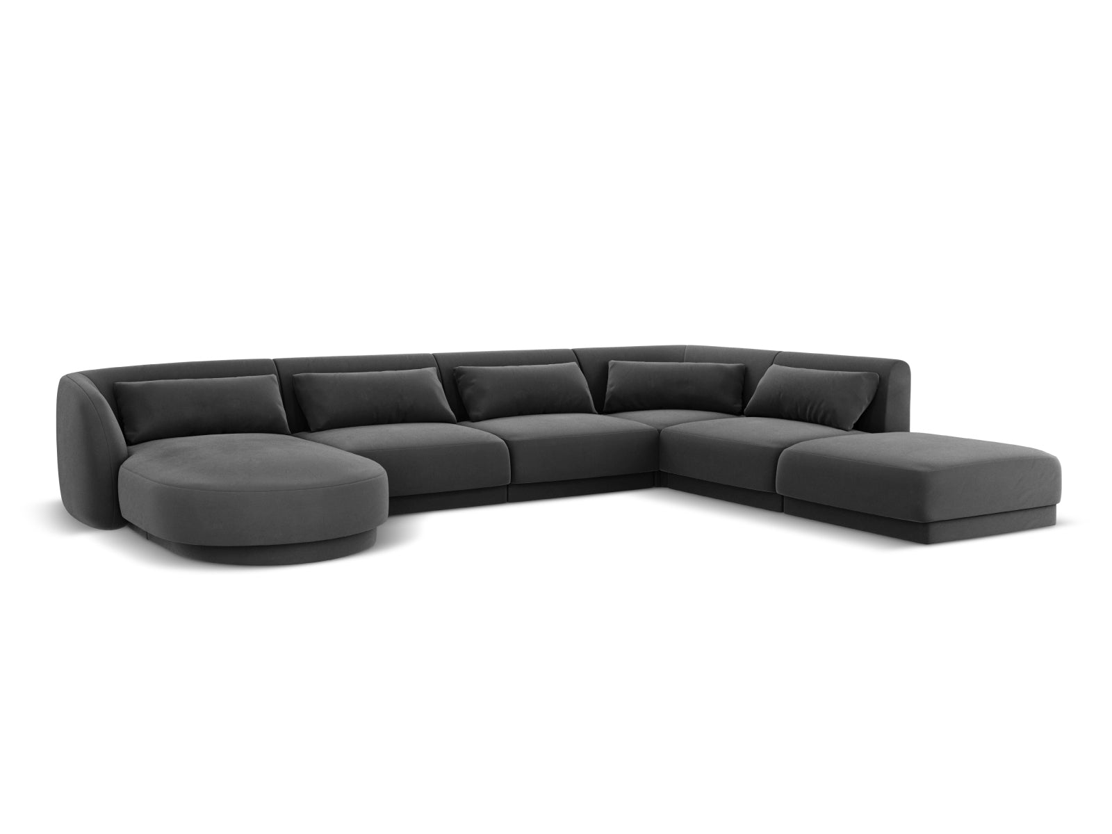 Modernes Tulum Velour Panoramic Ecksofa in Grau-Blau, rechtsseitig, für 6 Personen, perfekt für gemütliche Abende und stilvolle Einrichtung.