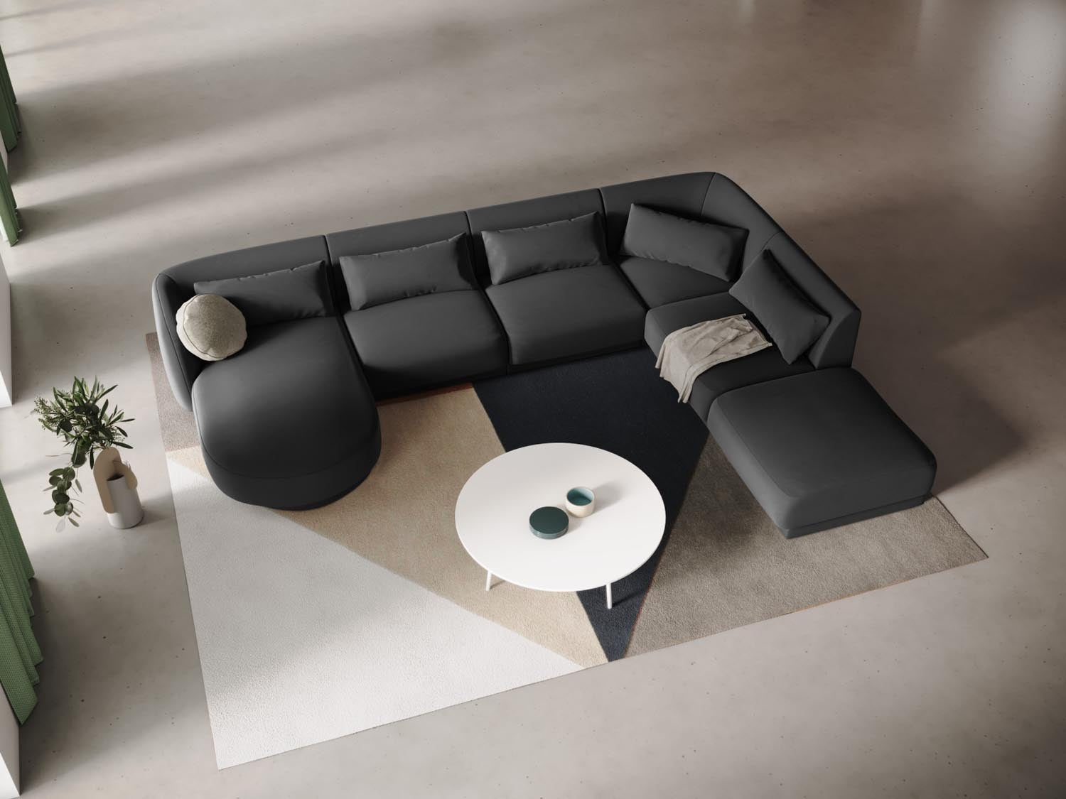 Elegantes Tulum Velour Panoramic Ecksofa in Grau-Blau, ideal für stilvolle Wohnräume, bietet Platz für bis zu 6 Personen.