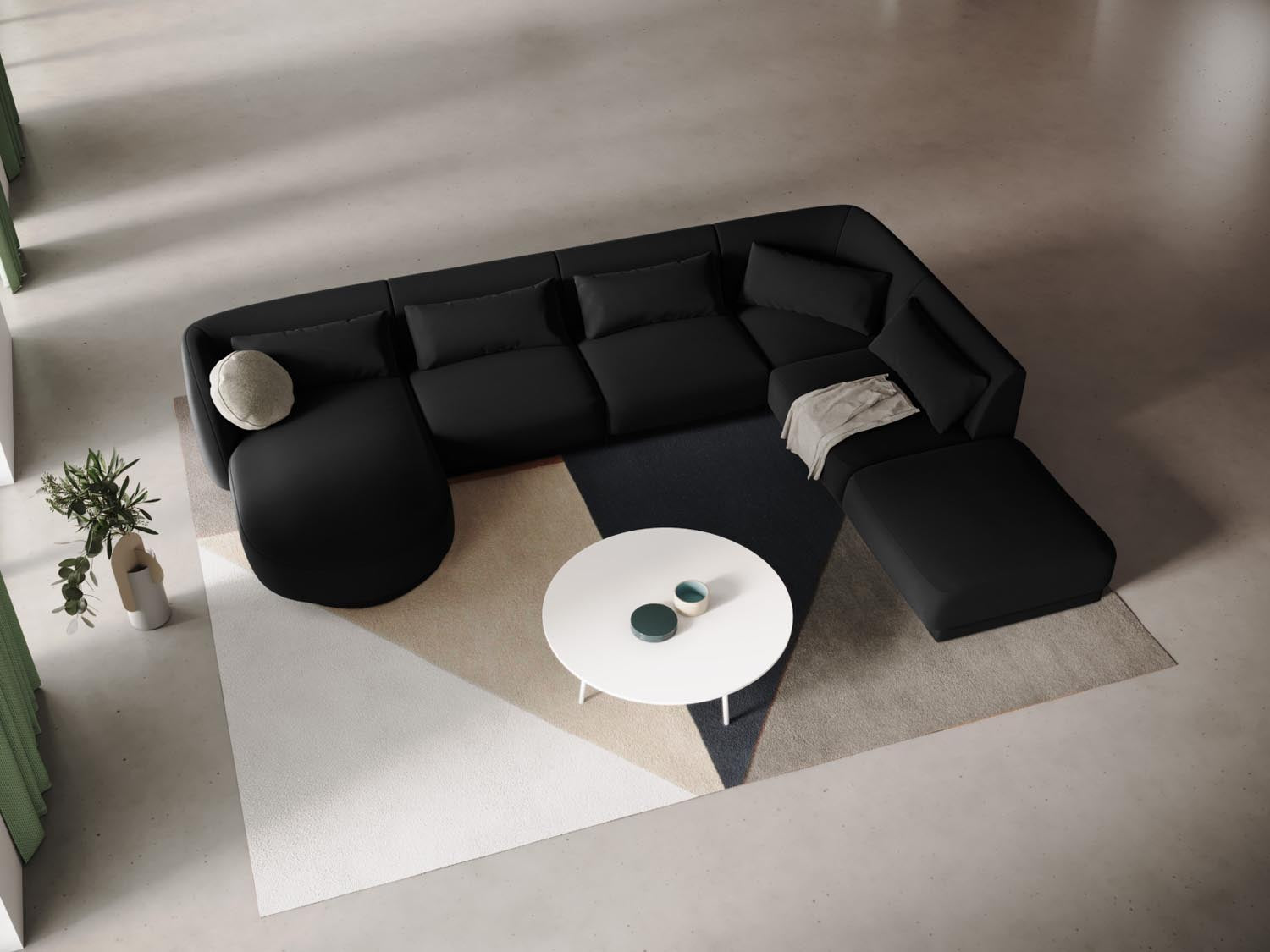 Elegantes Tulum Velour Panoramic Ecksofa in Schwarz-Bluvel, 6-Sitzer, 255 cm, ideal für stilvolle Wohnräume.