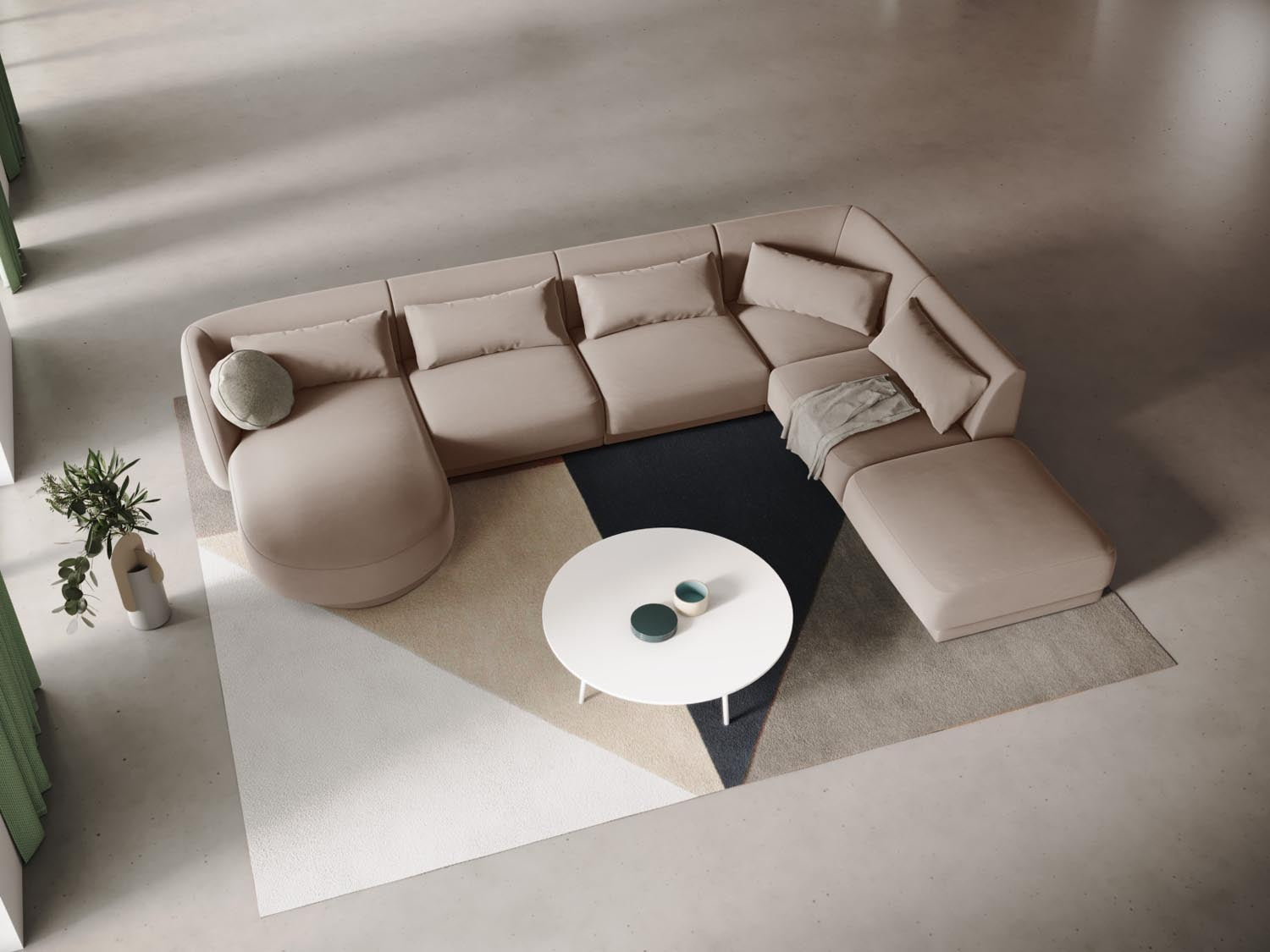 Beige Velour Ecksofa Tulum, 6-Sitzer, 255 cm, stilvolles Design für moderne Wohnräume, präsentiert von Cosmopolitan Design.