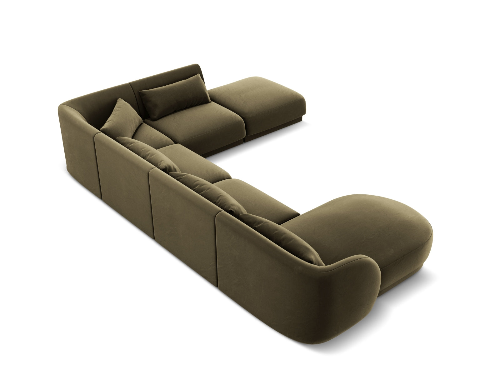Elegantes Tulum Velour Panoramic Ecksofa in stilvollem Green-Bluvel, ideal für entspannte Stunden mit Freunden, bietet Platz für bis zu 6 Personen.