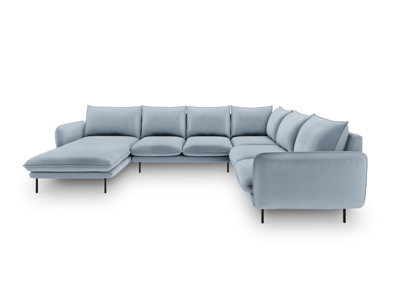 Elegantes 7-sitziges Ecksofa in hellblau und Schwarz, ideal für stilvolle Wohnräume, präsentiert von Cosmopolitan Design.