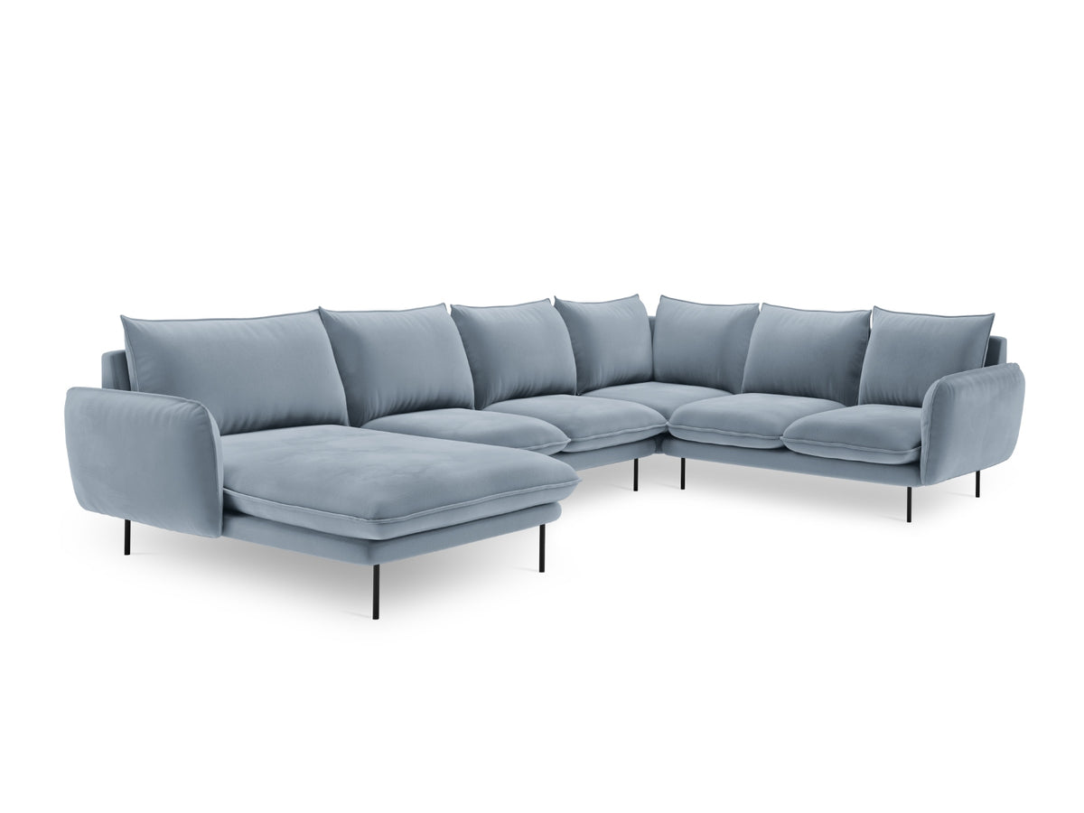 Vienna Velour Panoramic Ecksofa rechts 7 Sitzer 235cm in Light Blue/Schwarz-Bluvel präsentiert im Onlineshop von KAQTU Design AG. Ecksofa rechts ist von Cosmopolitan Design