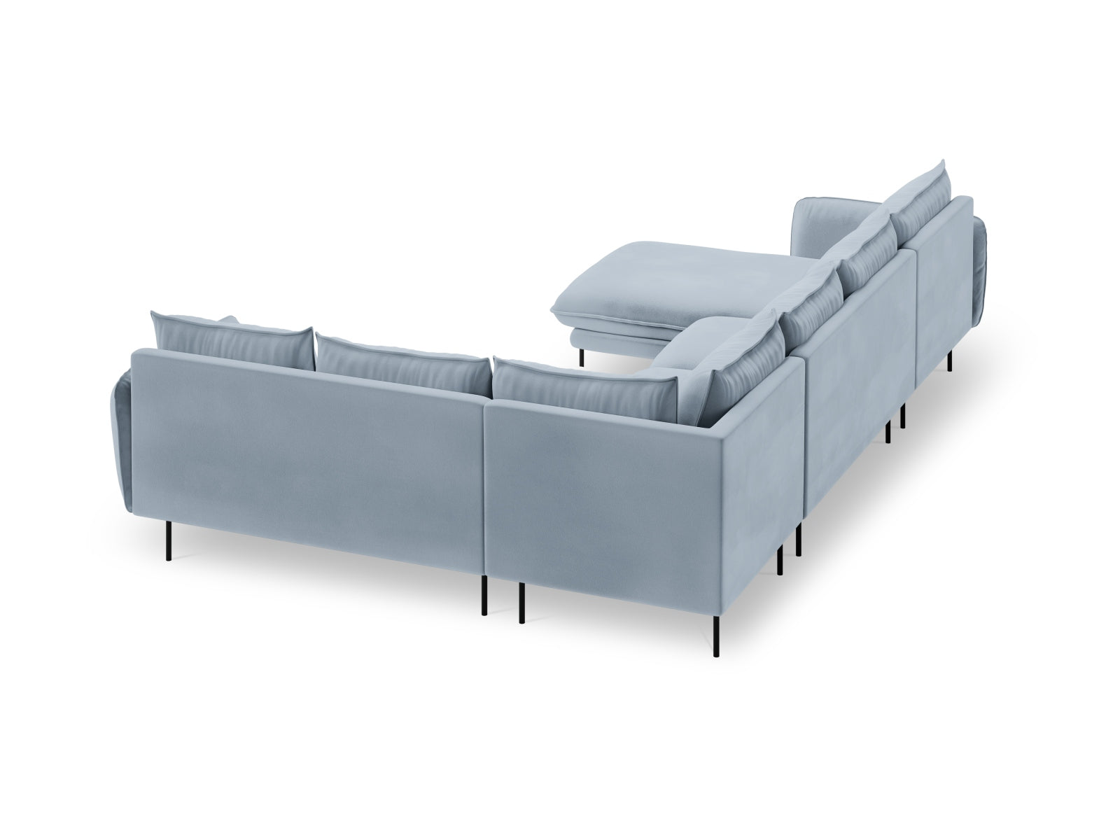 Elegantes 7-sitziges Ecksofa in stilvollem Velours, kombiniert sanfte Blautöne mit schwarzem Design, ideal für zeitgemäße Wohnräume.