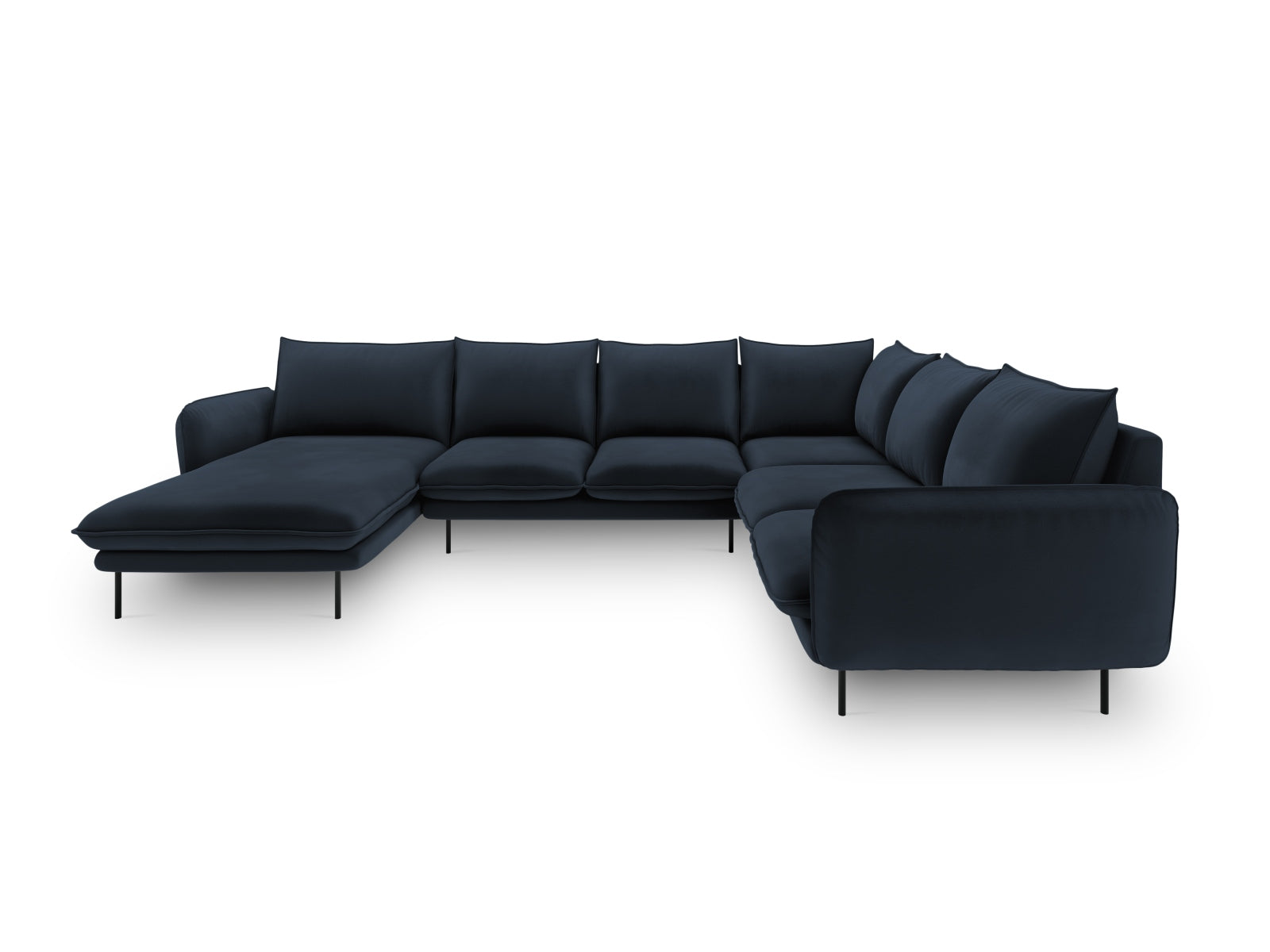 Elegantes Vienna Velour Panoramic Ecksofa in Dunkelblau, 7-Sitzer, 235 cm, ideal für stilvolle Wohnräume, präsentiert von Cosmopolitan Design.