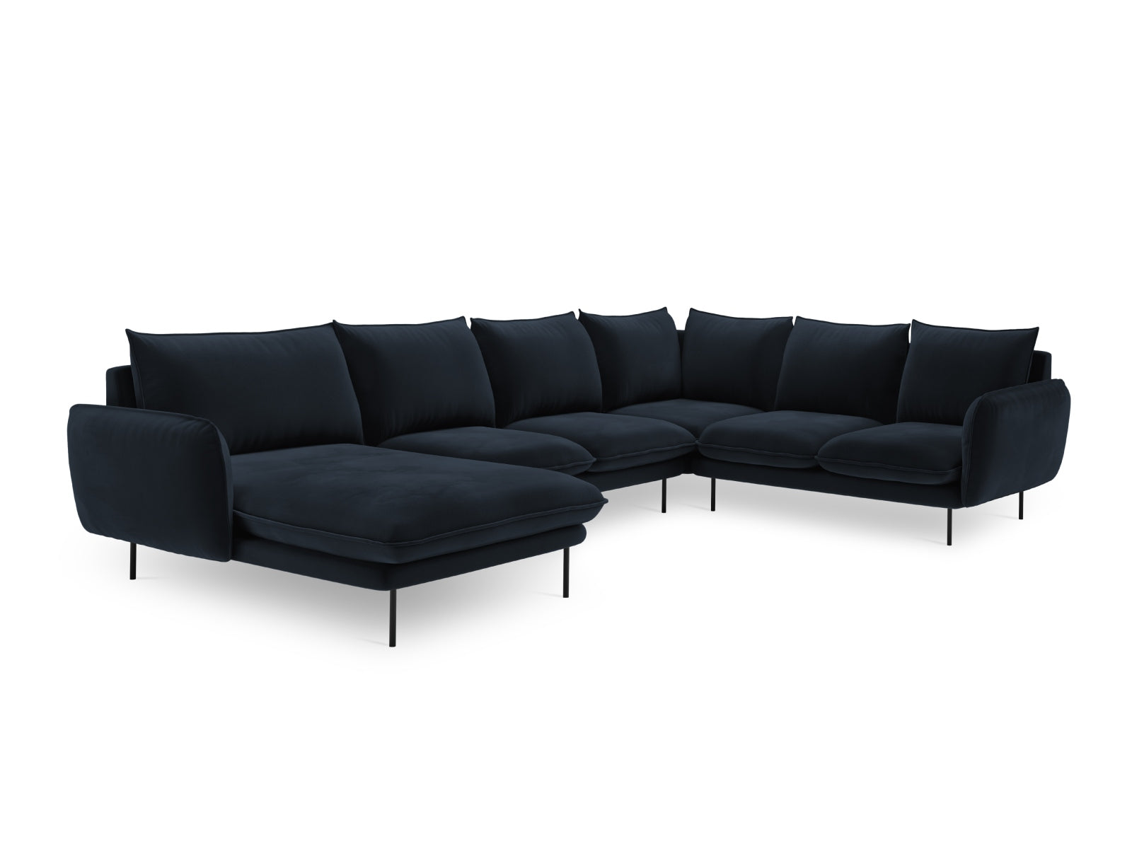 Luxuriöses 7-sitziges Ecksofa in Dunkelblau, 235 cm, mit modernem Design und weichem Velourstoff, perfekt für gemütliche Wohnzimmer.