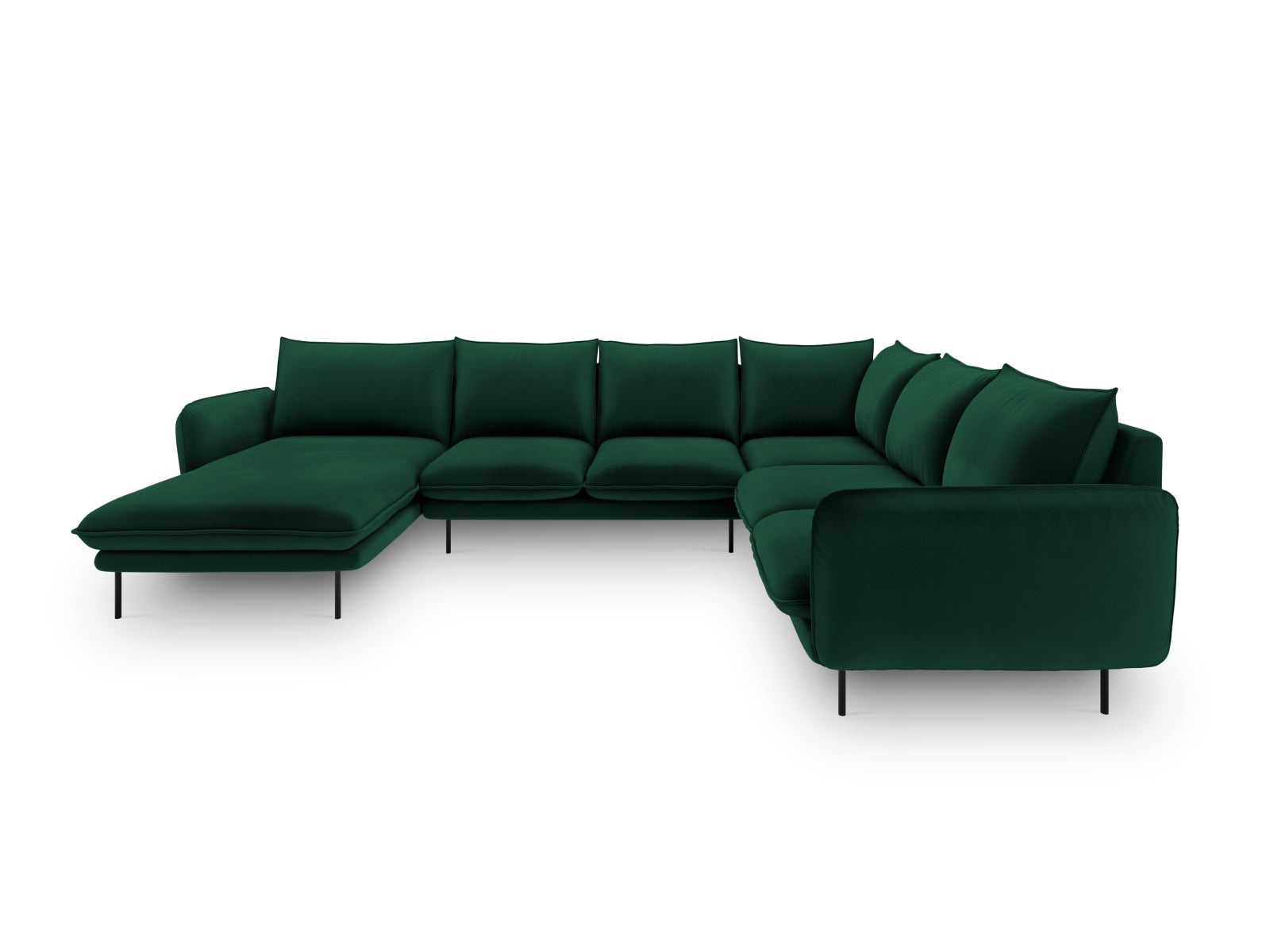 Elegantes Vienna Velour Panoramic Ecksofa in Bottle Green/Schwarz-Bluvel, 7 Sitzer, 235cm, ideal für stilvolle Wohnräume.