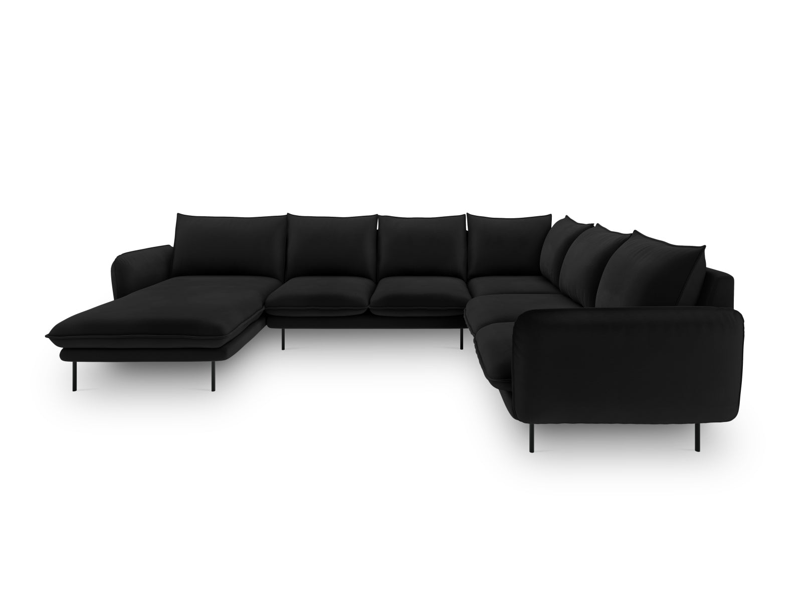 Elegantes Vienna Velour Panoramic Ecksofa in Schwarz, 7-Sitzer, 235 cm, ideal für stilvolle Wohnräume, präsentiert von Cosmopolitan Design.