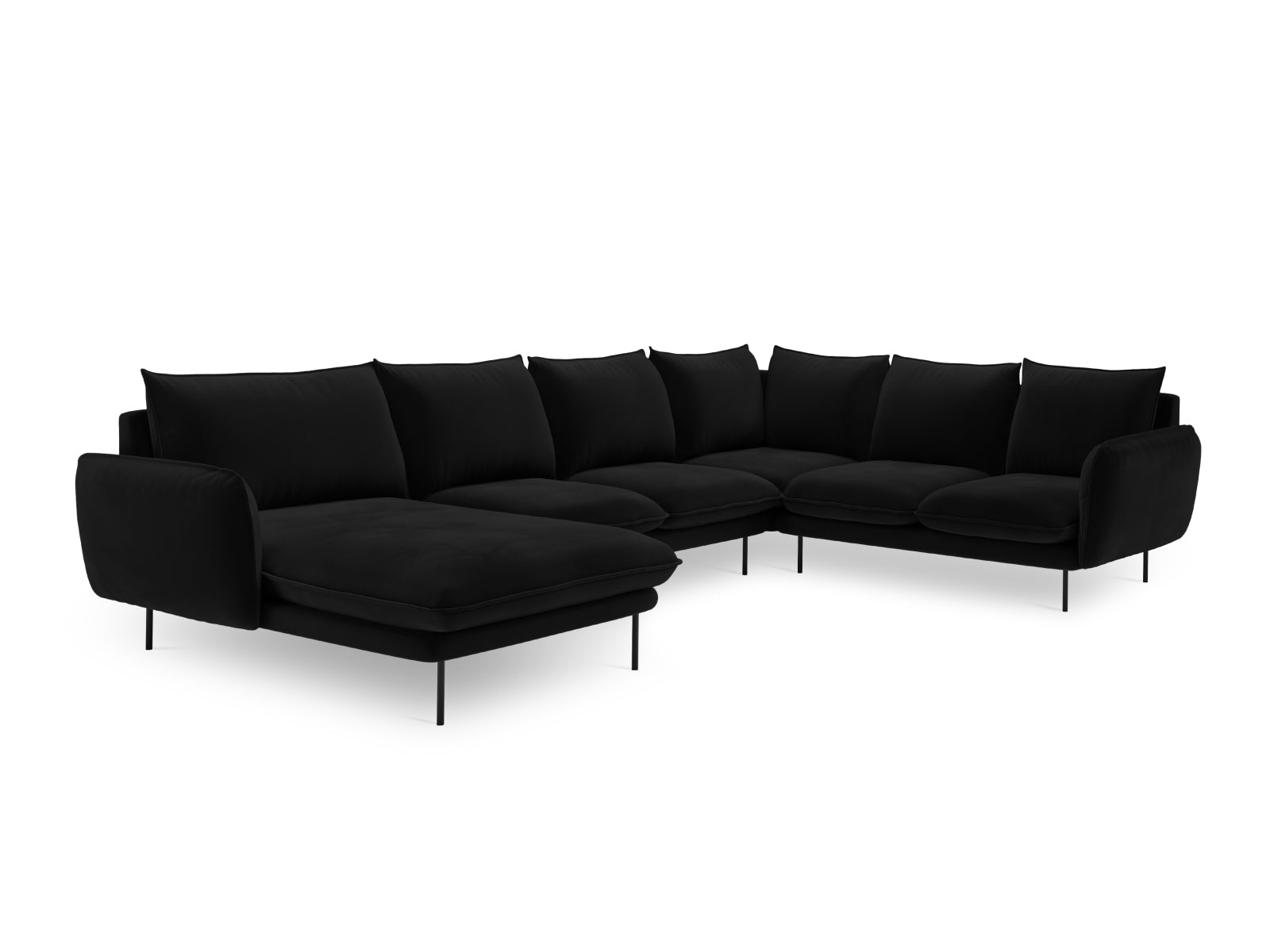 Schwarzes 7-Sitzer Ecksofa Vienna Velour Panoramic, 235 cm, modernes Design für gemütliche und stilvolle Wohnlandschaften von Cosmopolitan Design.
