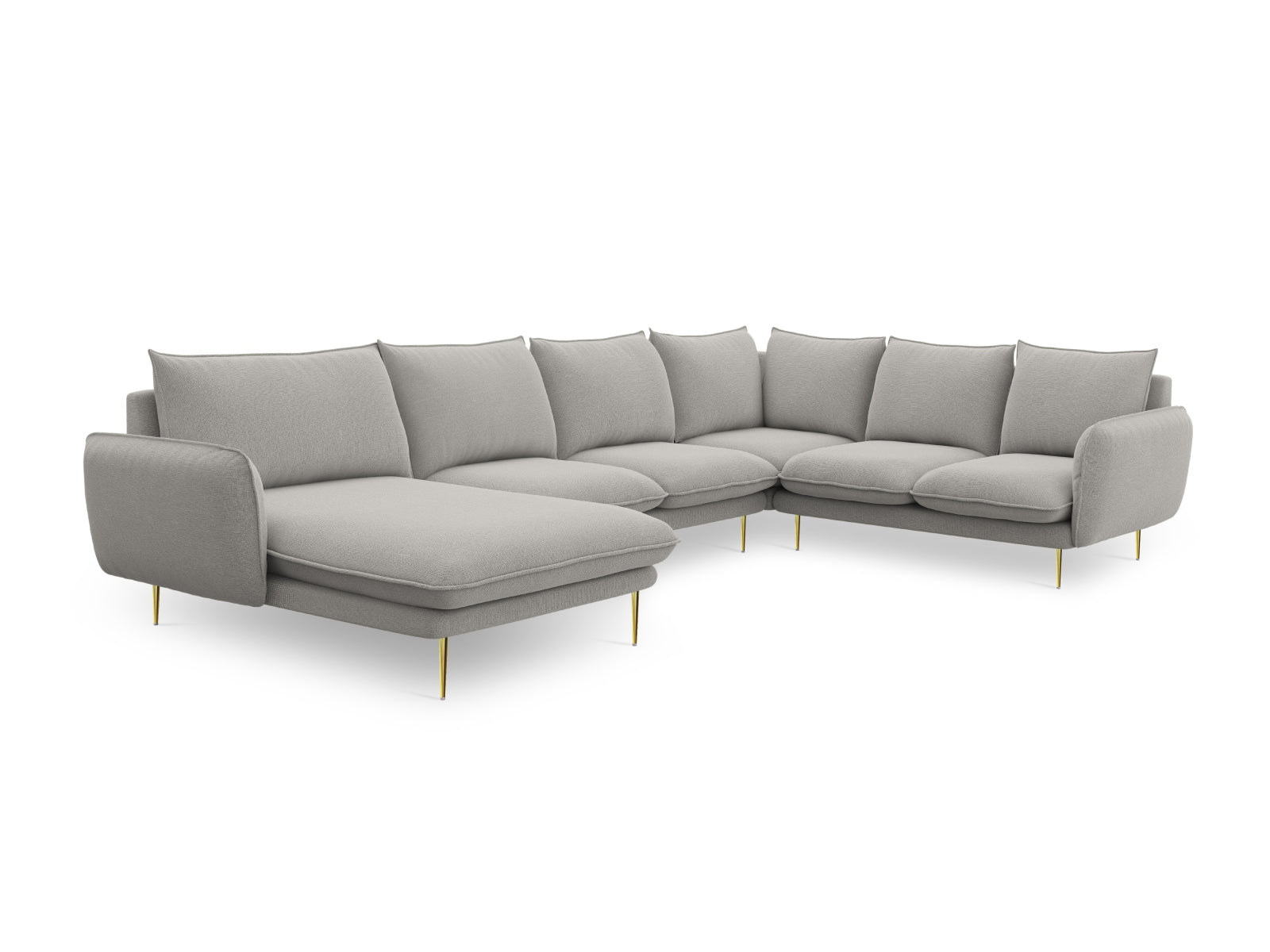 Elegantes, modernes Ecksofa "Vienna" in hellem Grau, 7-Sitzer, 235 cm, mit stilvollen goldenen Akzenten für ein zeitgemäßes Wohngefühl.