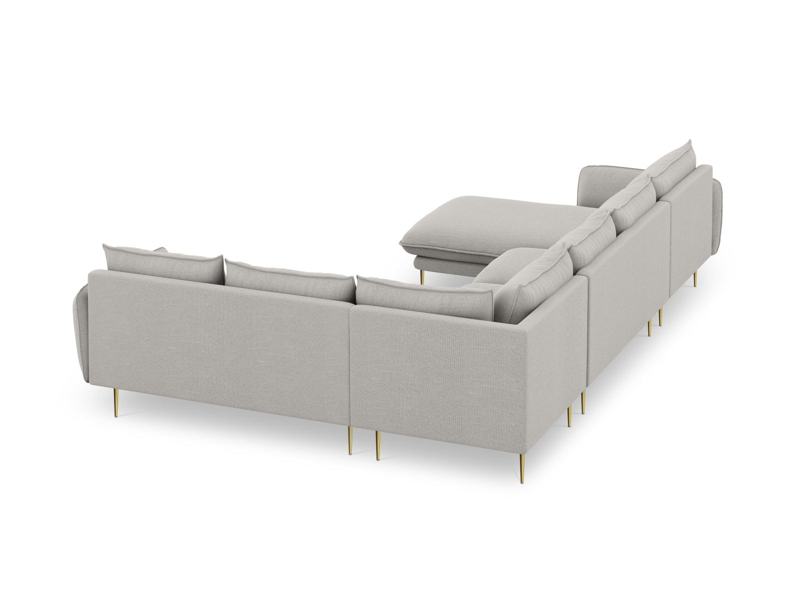 Stylisches Ecksofa "Vienna" in sanftem Grau, 7-Sitzer, 235 cm, ideal für großzügige Wohnräume mit luxuriösen goldenen Details.