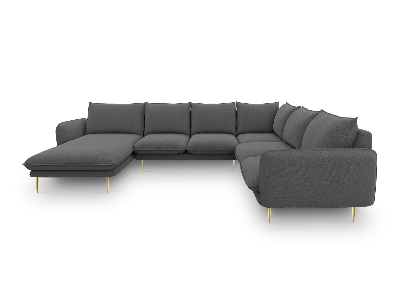 Modernes 7-Sitzer Ecksofa "Vienna Panoramic" in Dunkelgrau, 235 cm, mit luxuriösen goldenen Details, perfekt für stilvolle Wohnzimmer.