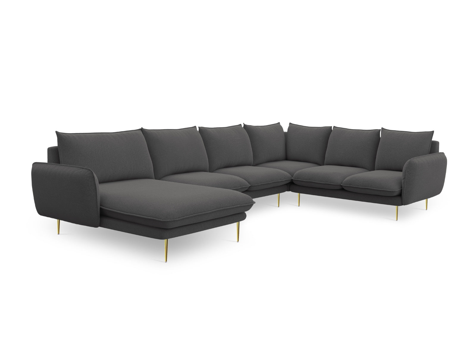 Elegantes 7-Sitzer Ecksofa "Vienna Panoramic" in Dunkelgrau, 235 cm, mit edlen goldenen Akzenten, ideal für moderne Wohnräume.